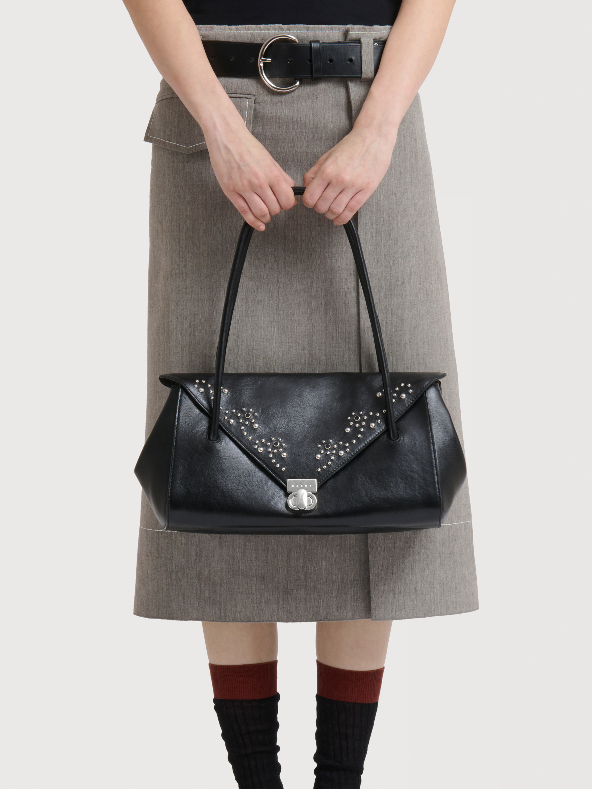 Black leather E/W shoulder bag with studs - Shoulder Bags - Image 2
