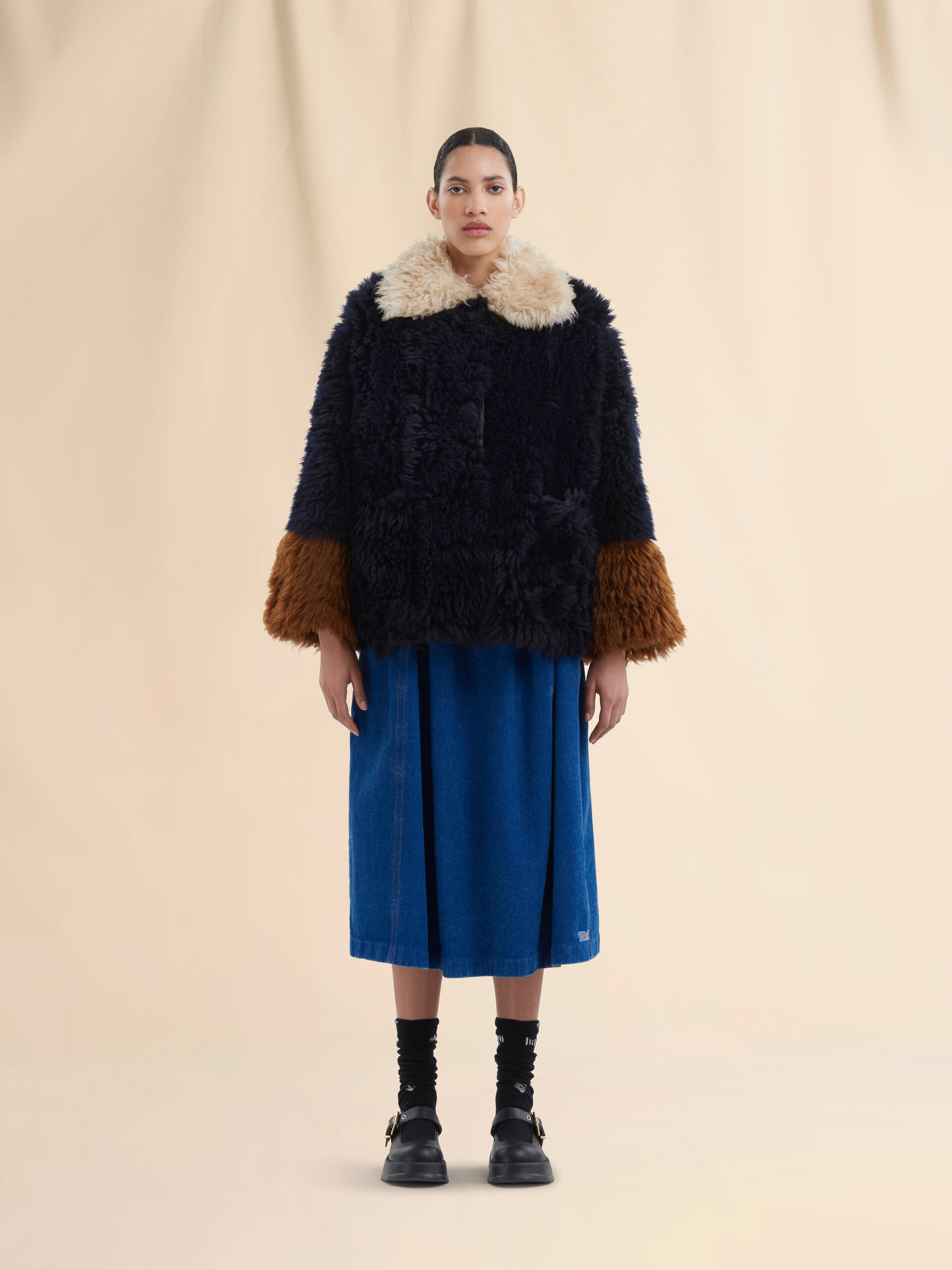 Navy long-hair shearling jacket with contrast trims - Jackets - Image 2