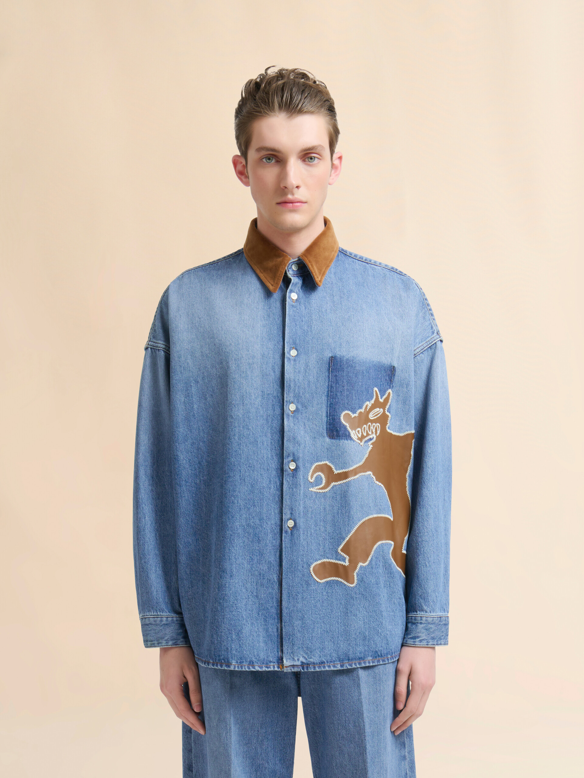 Blue denim shirt with wolf patch - Shirts - Image 2