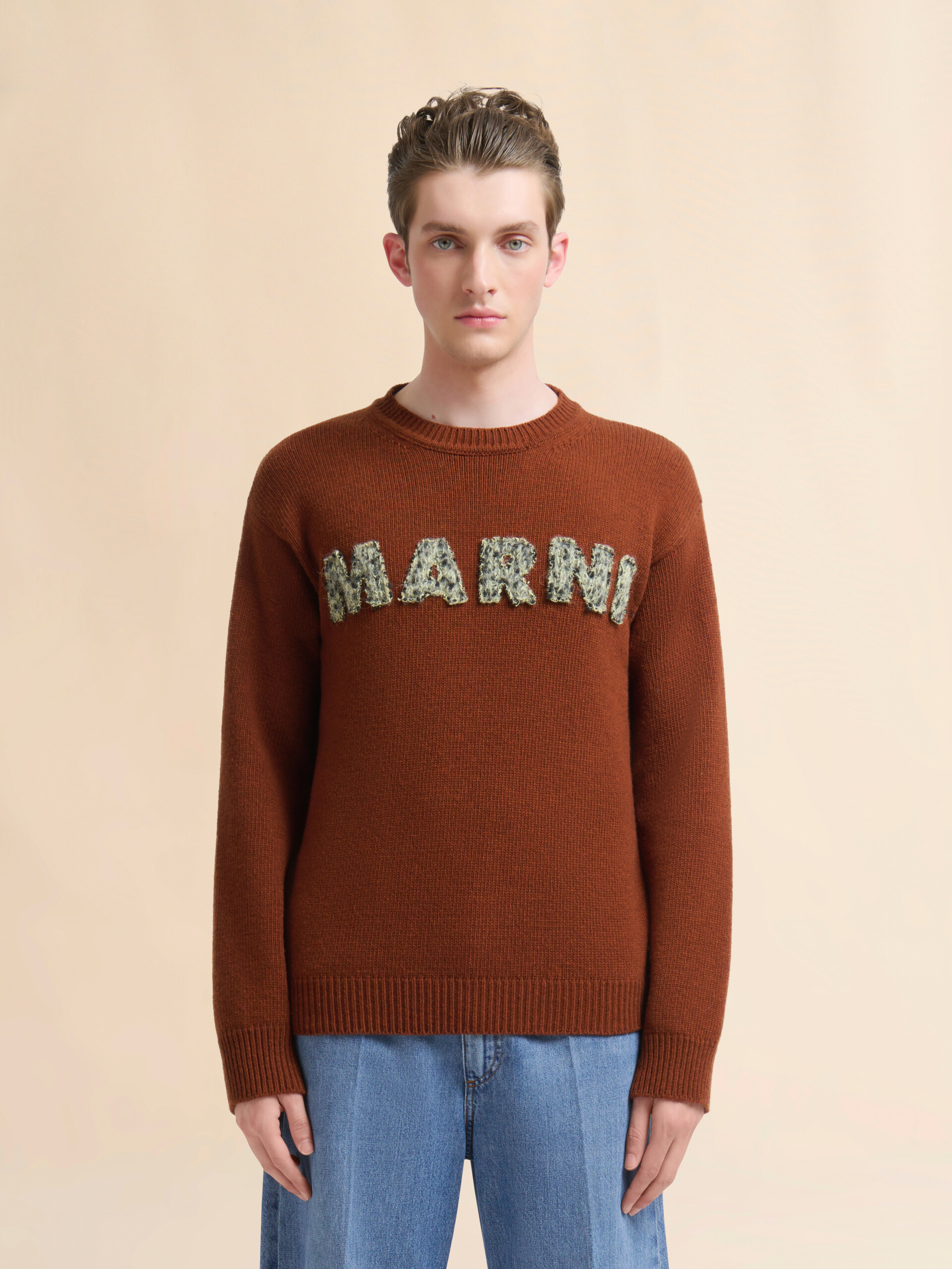 Brown wool jumper with laser-cut Marni logo - Pullovers - Image 2