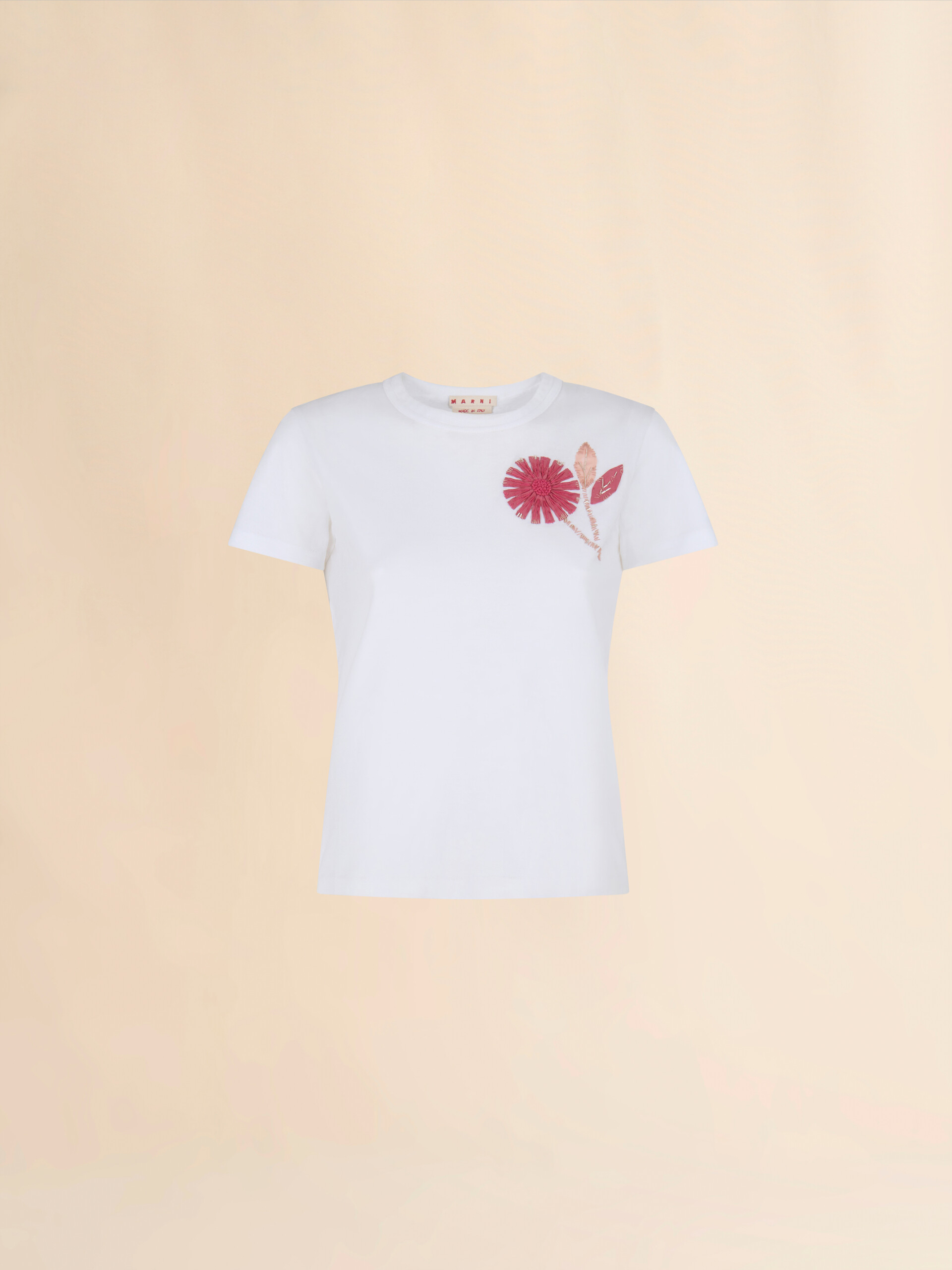 White organic cotton T-shirt with embroidered camellia - T-shirts - Image 1