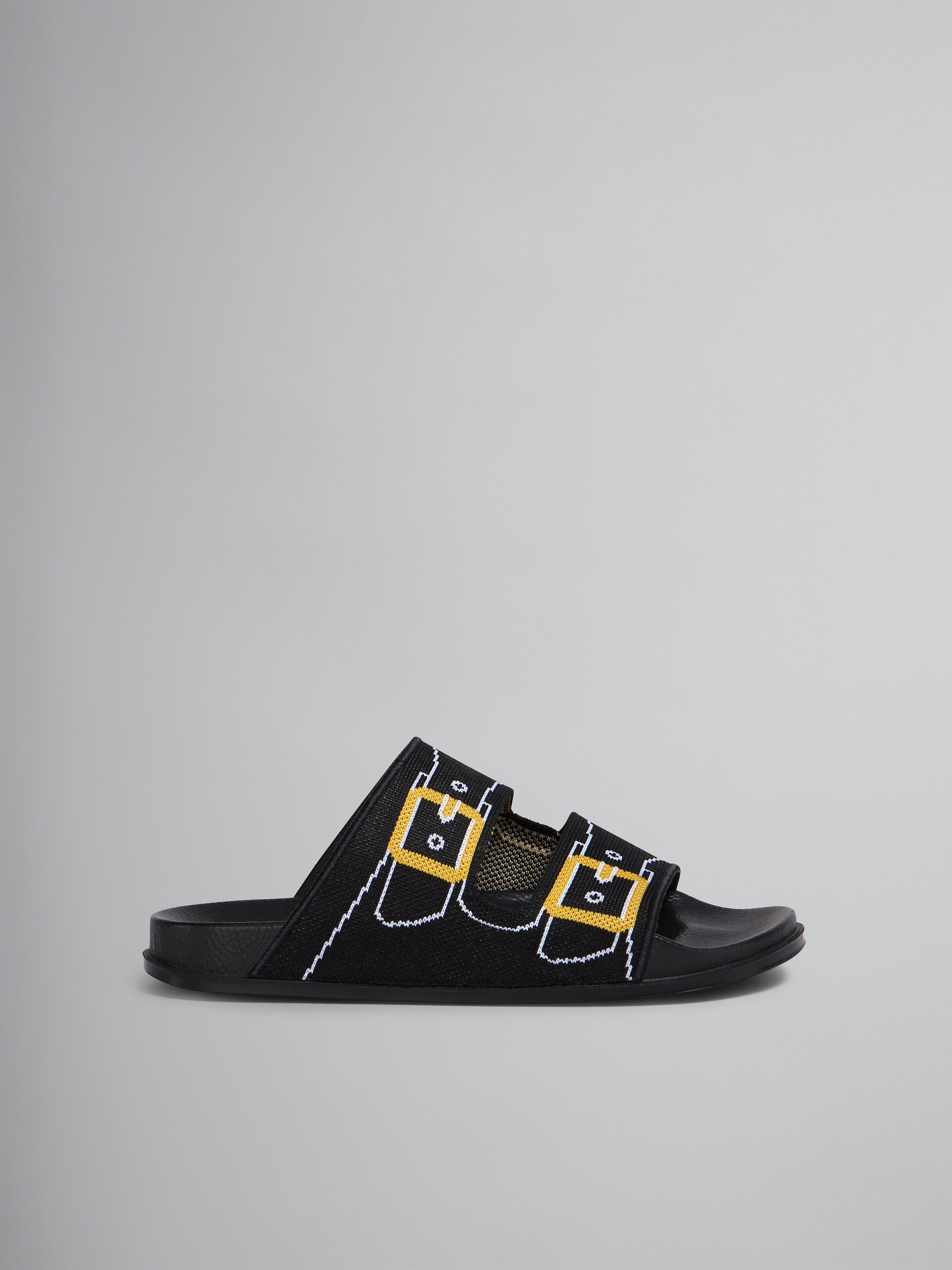 Black and gold trompe l'oeil jacquard two-strap slide - Sandals - Image 1