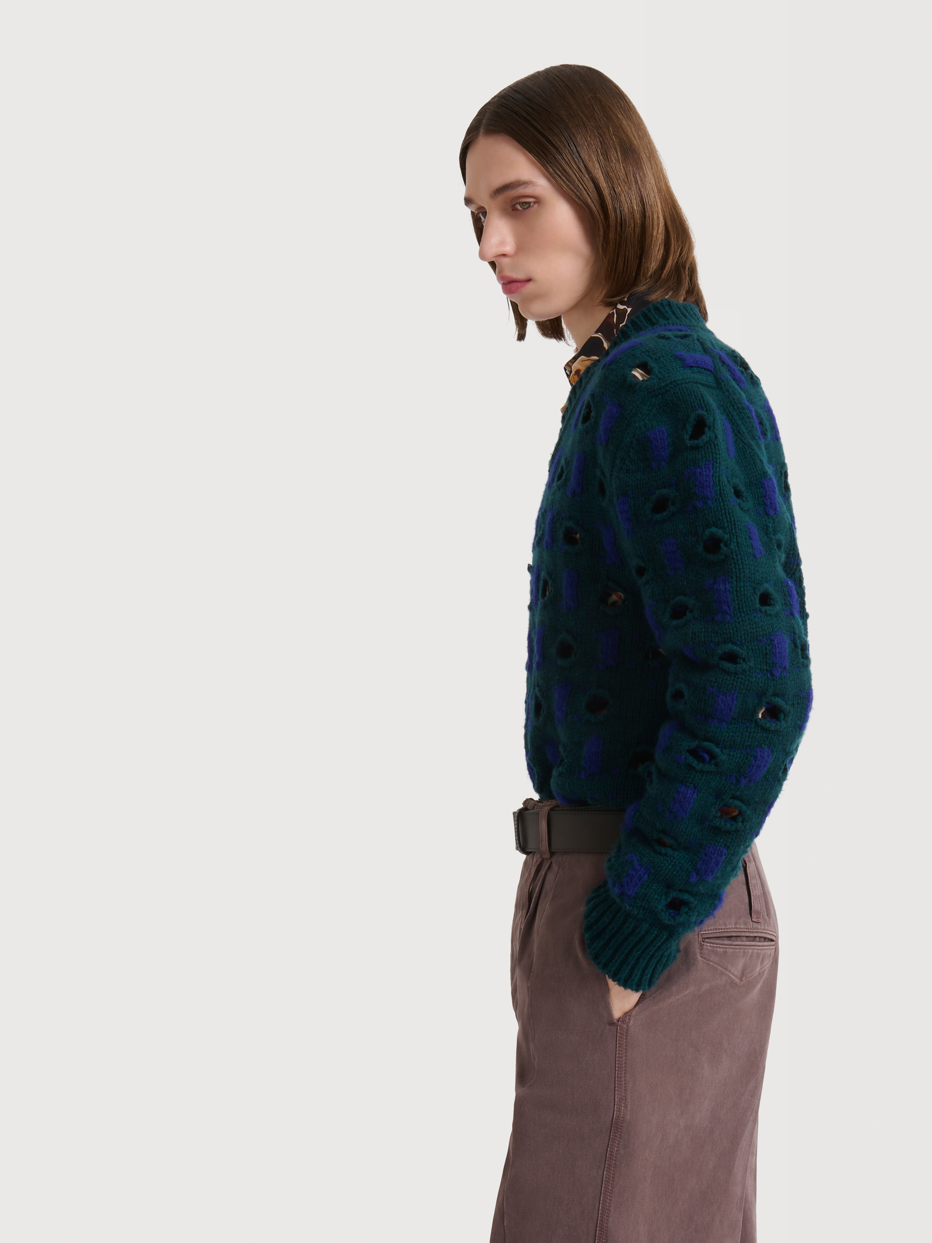 Pull en laine et cachemire marron &agrave; motif ajour&eacute; - pulls - Image 3