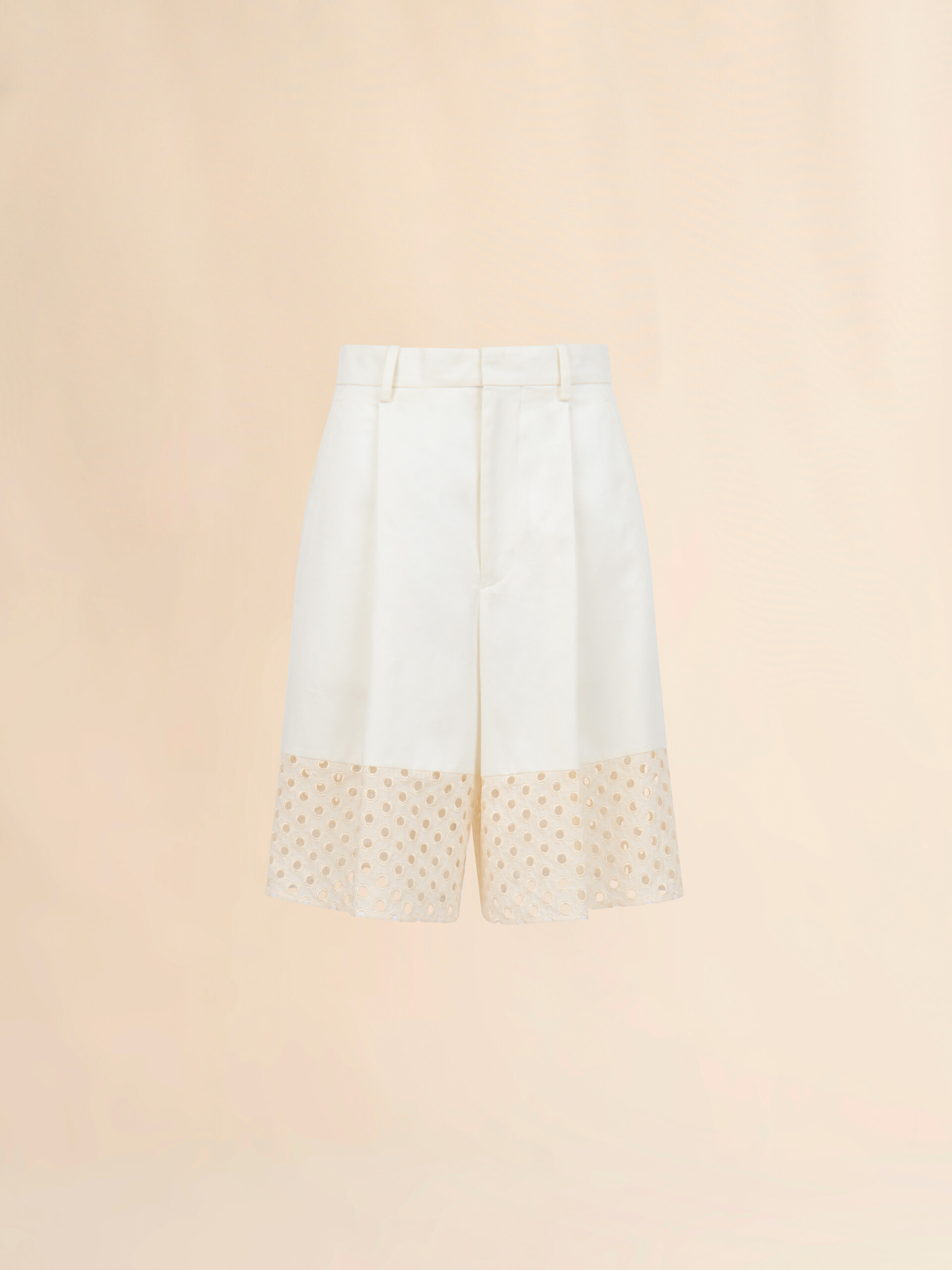 White gabardine shorts with broderie anglaise panels - Pants - Image 1