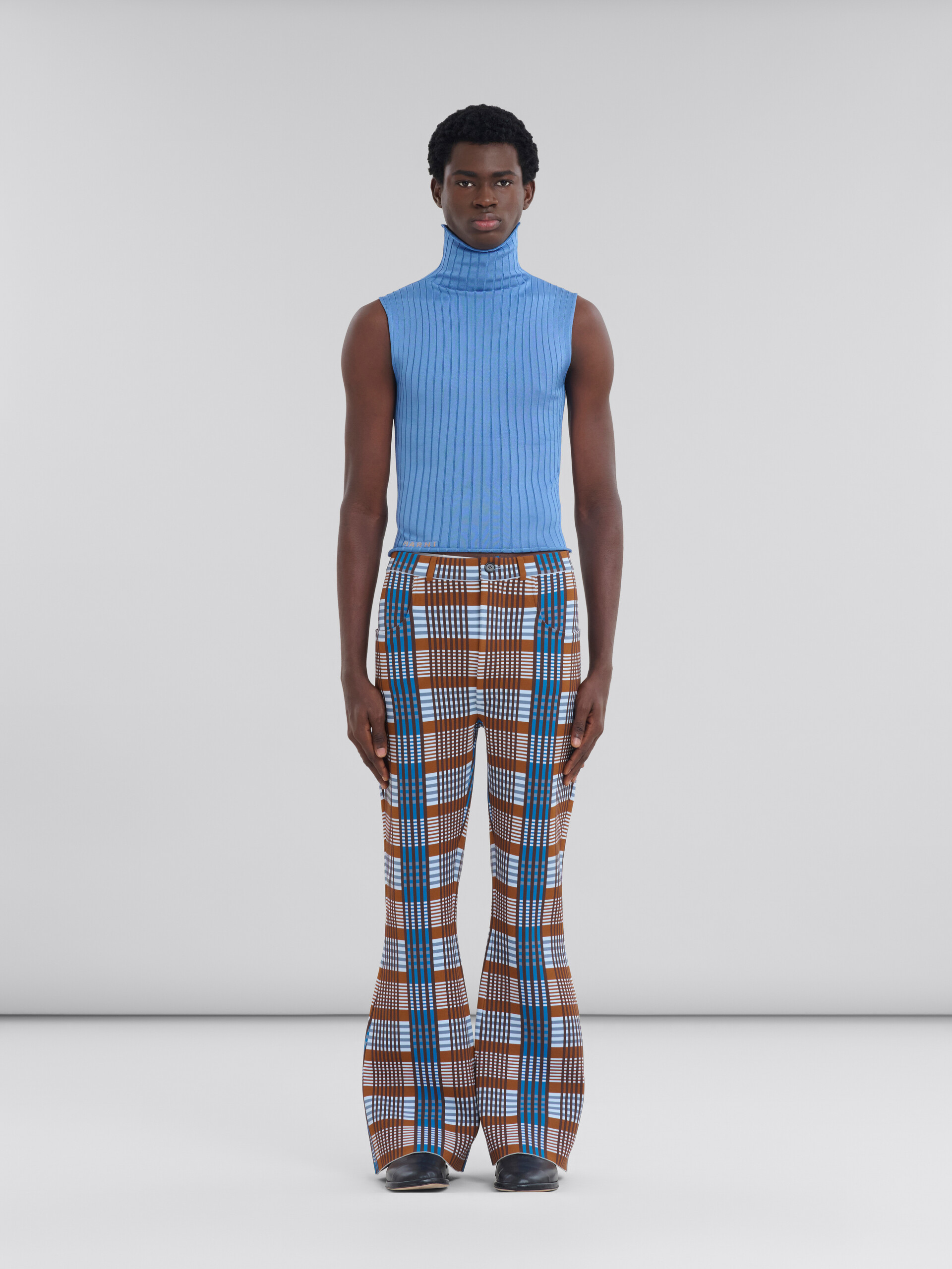 Blue and brown checked techno knit trousers - Pants - Image 2