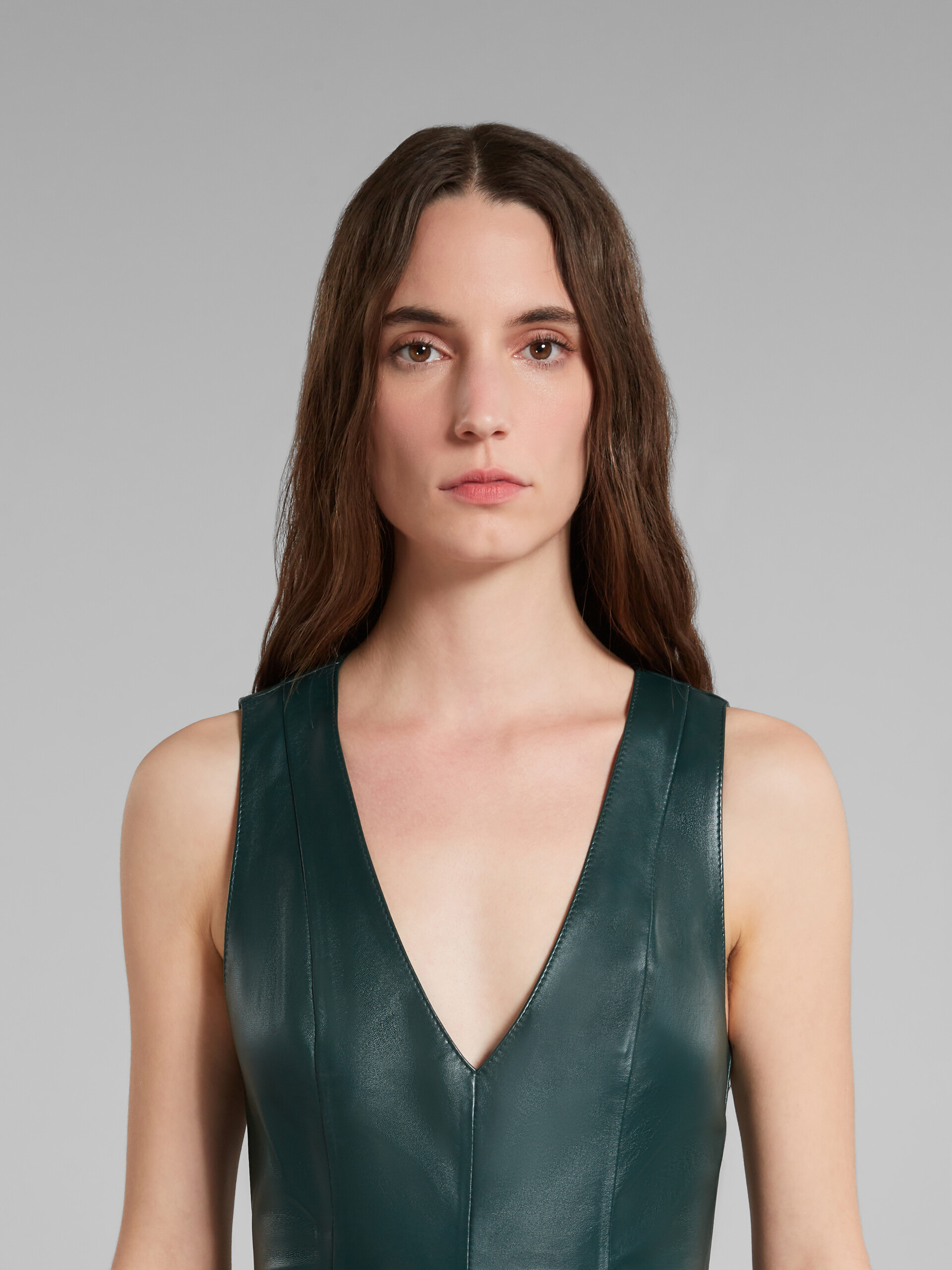 Green leather dress with V-neck - Dresses - Image 4