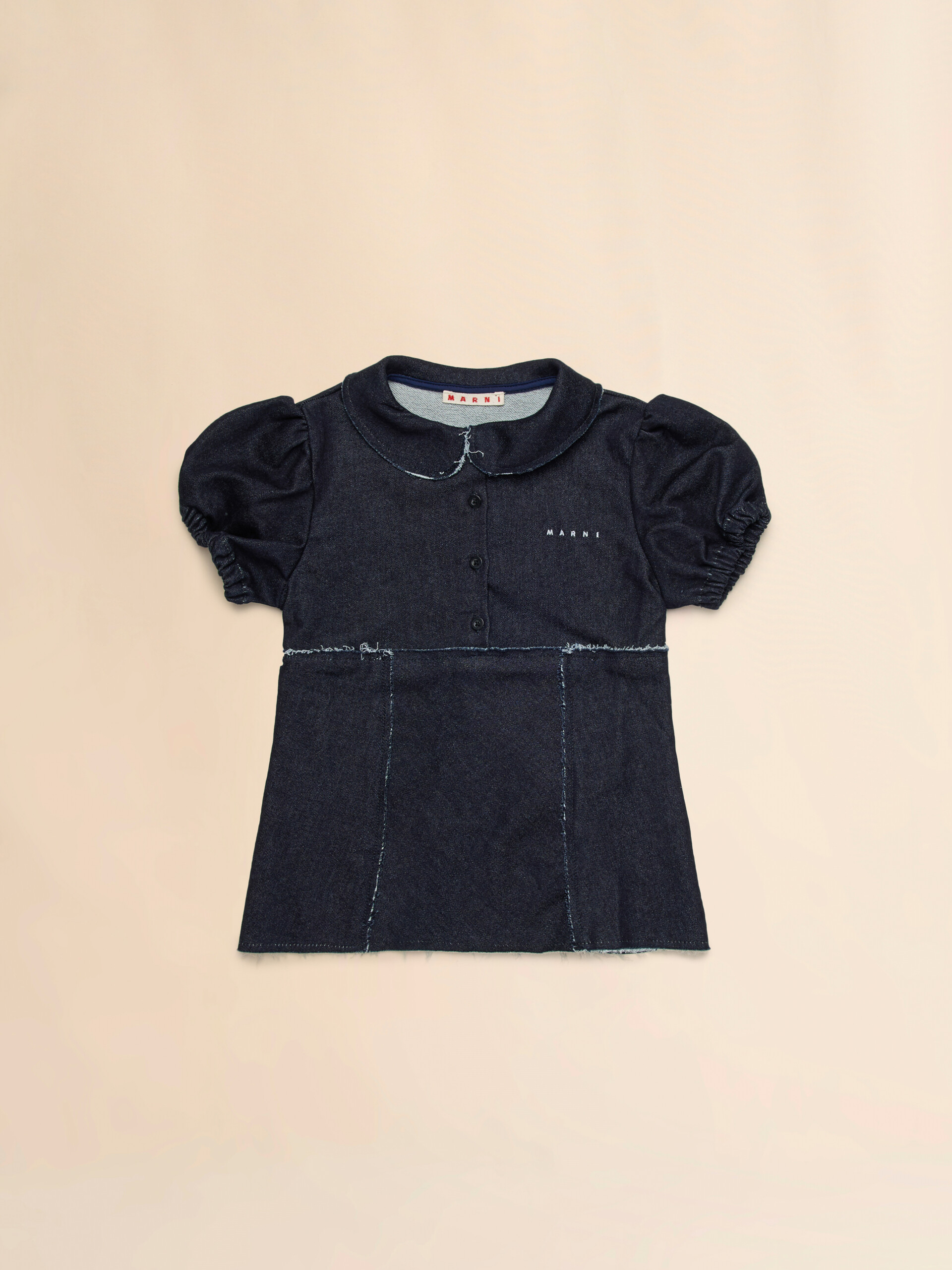 Deep blue stretch denim dress with raw-cut edges - Shirts - Image 1