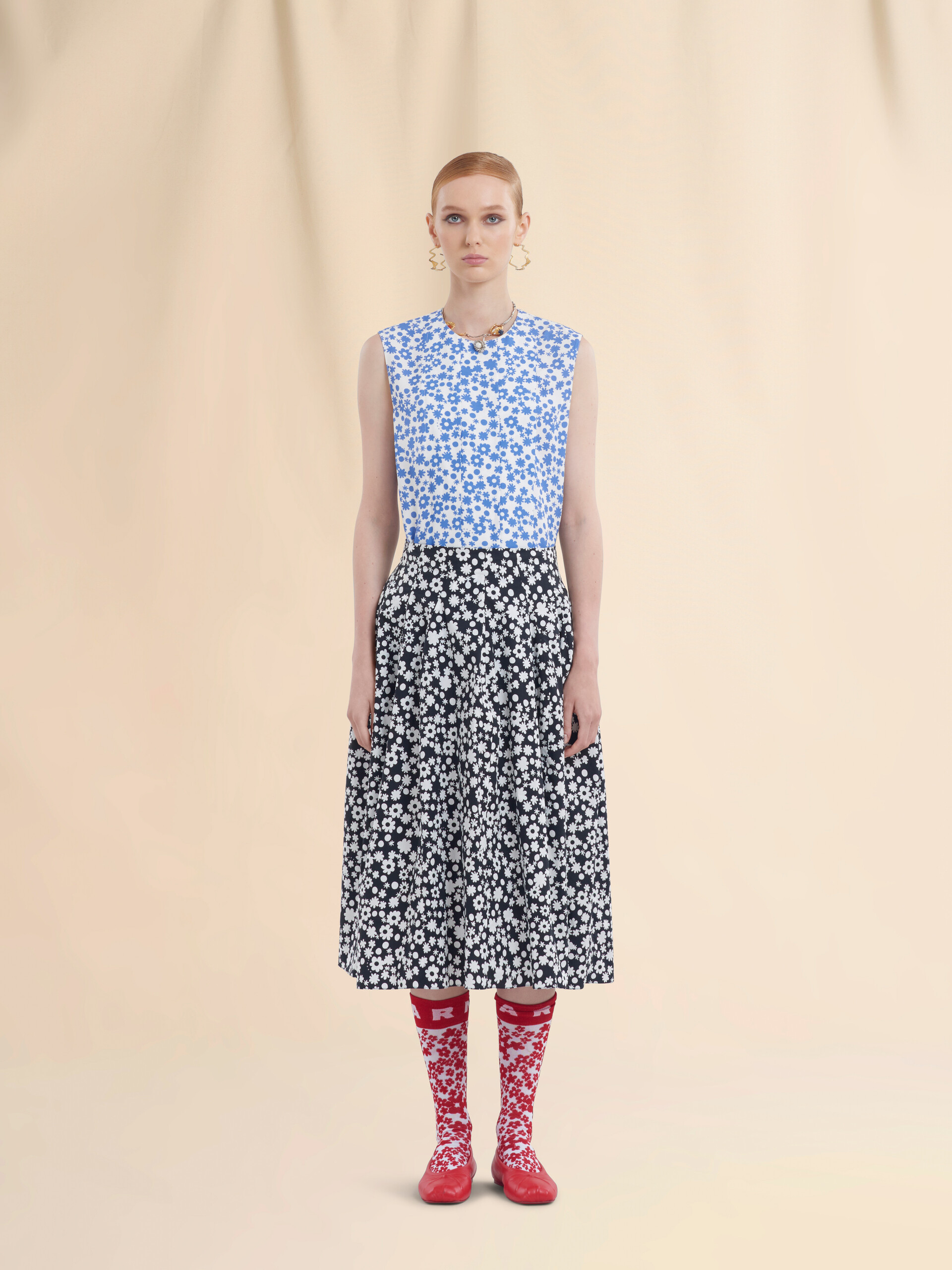 Poplin midi skirt with white and light blue Pop Fields motif - Skirts - Image 2
