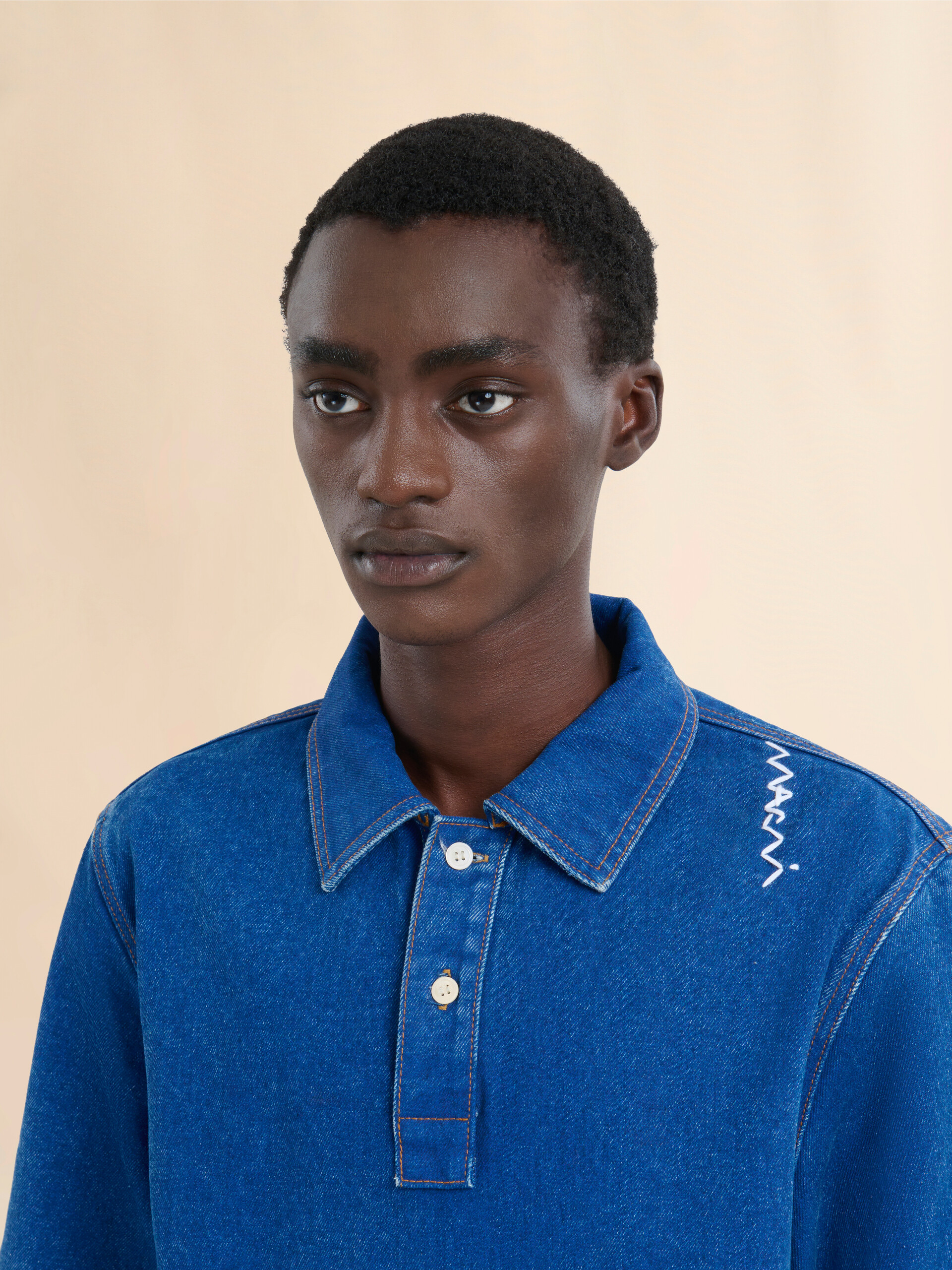 Blue oversize organic denim polo shirt with Marni Symbol - Shirts - Image 4