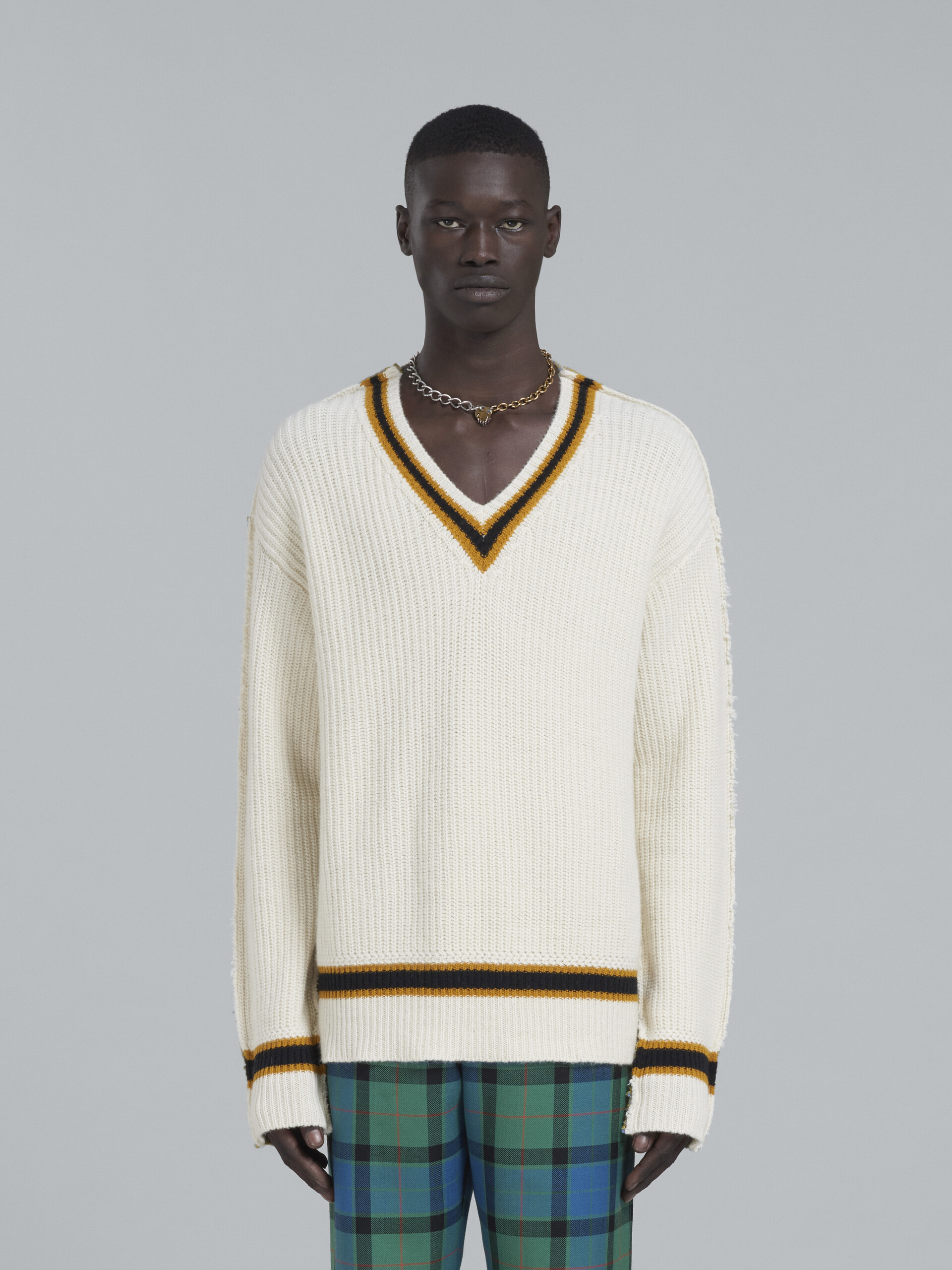 화이트 니트 브이넥 스웨터 - Pullovers - Image 2