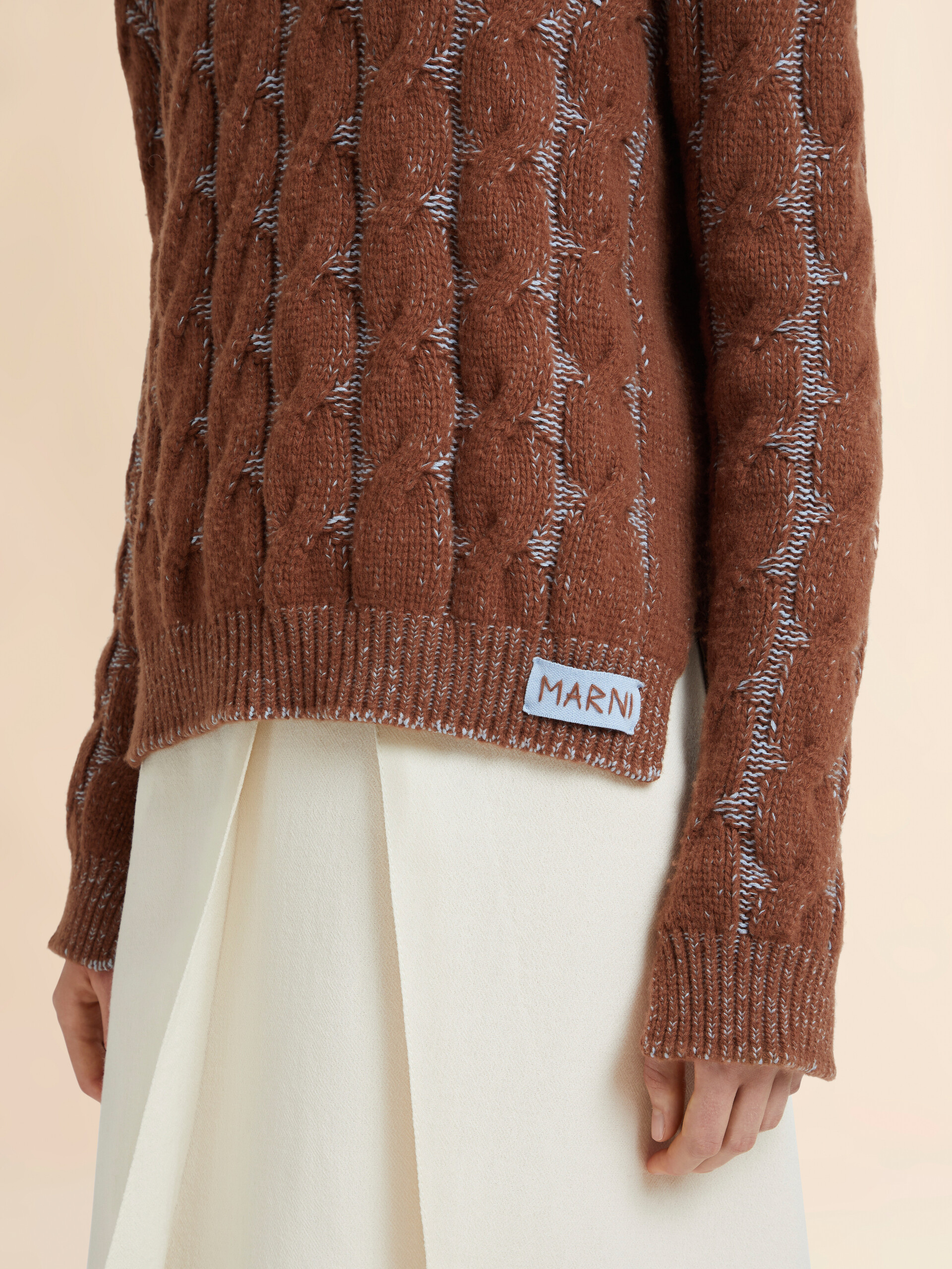 Brown mouliné wool-viscose sweater with cable pattern - Pullovers - Image 4
