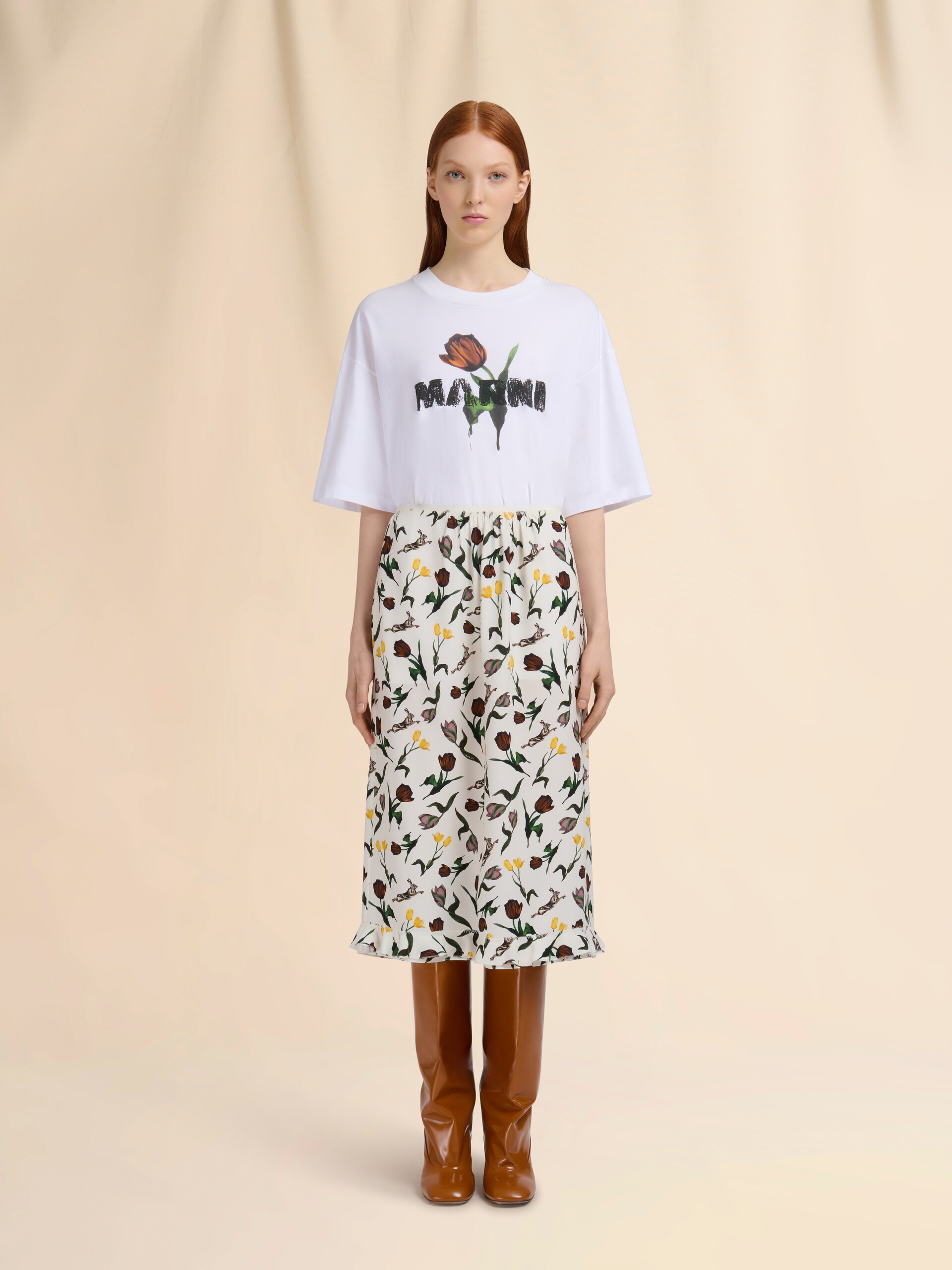 Cream envers satin midi skirt with Tulips and Hares print - Skirts - Image 2