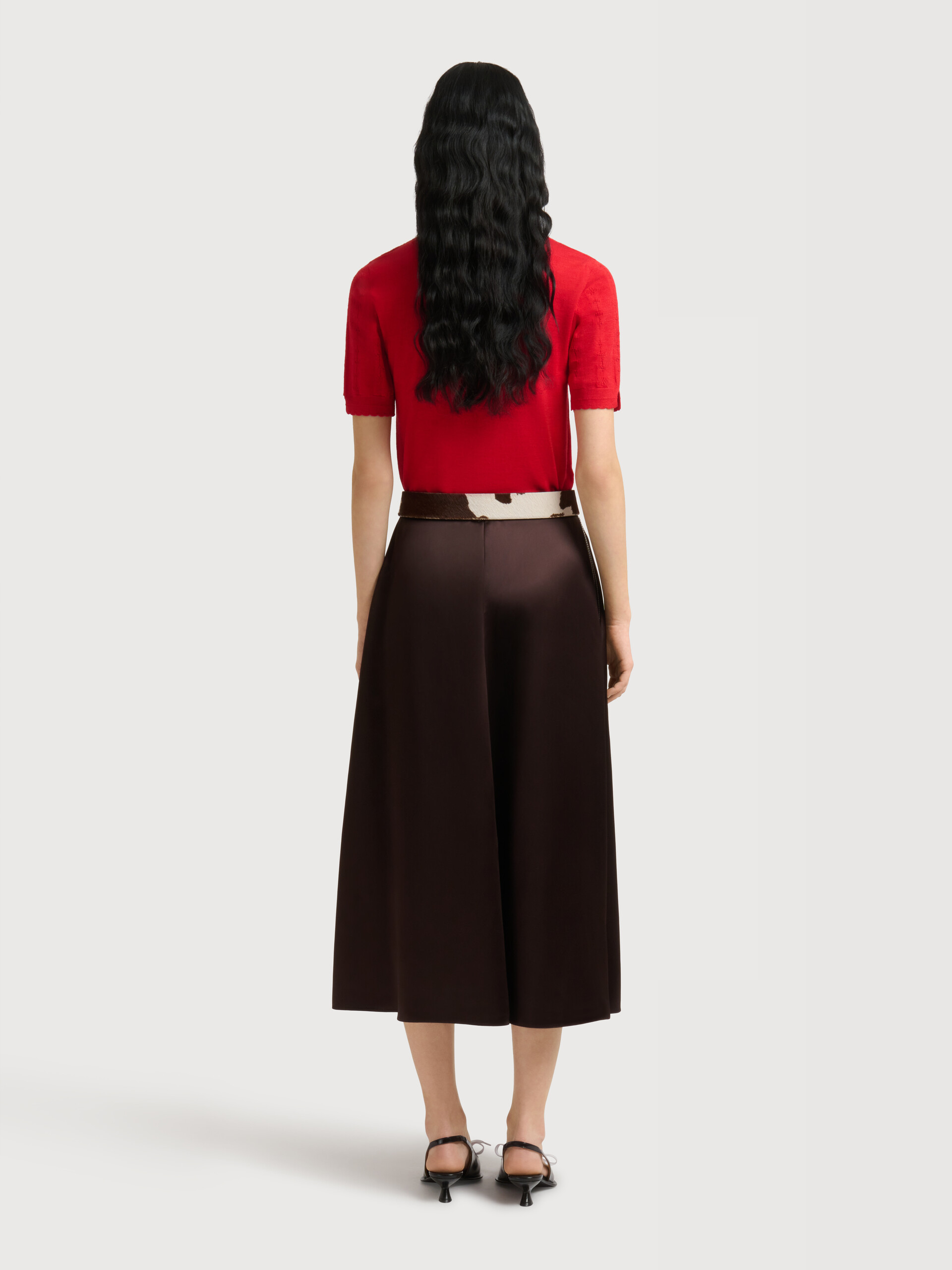 Deep brown satin midi skirt with contrast stitching - Skirts - Image 4