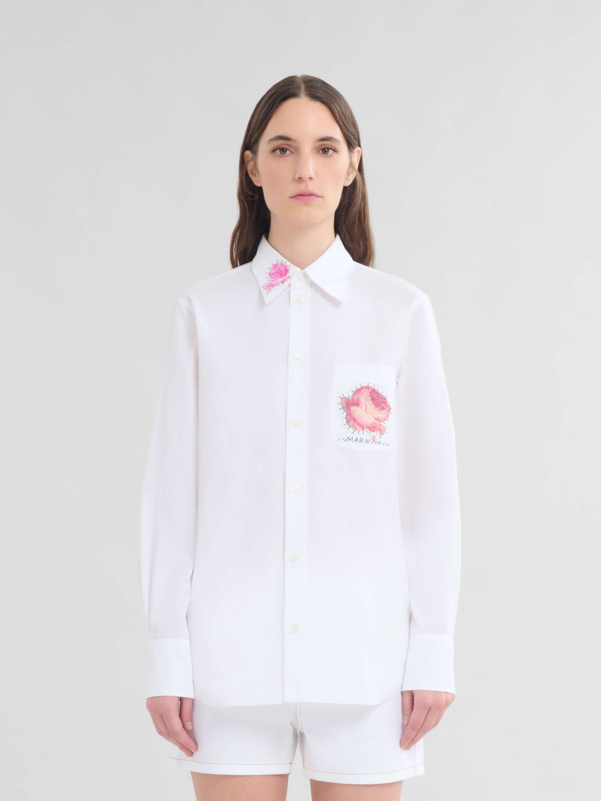 White organic poplin shirt with flower patches | Marni
