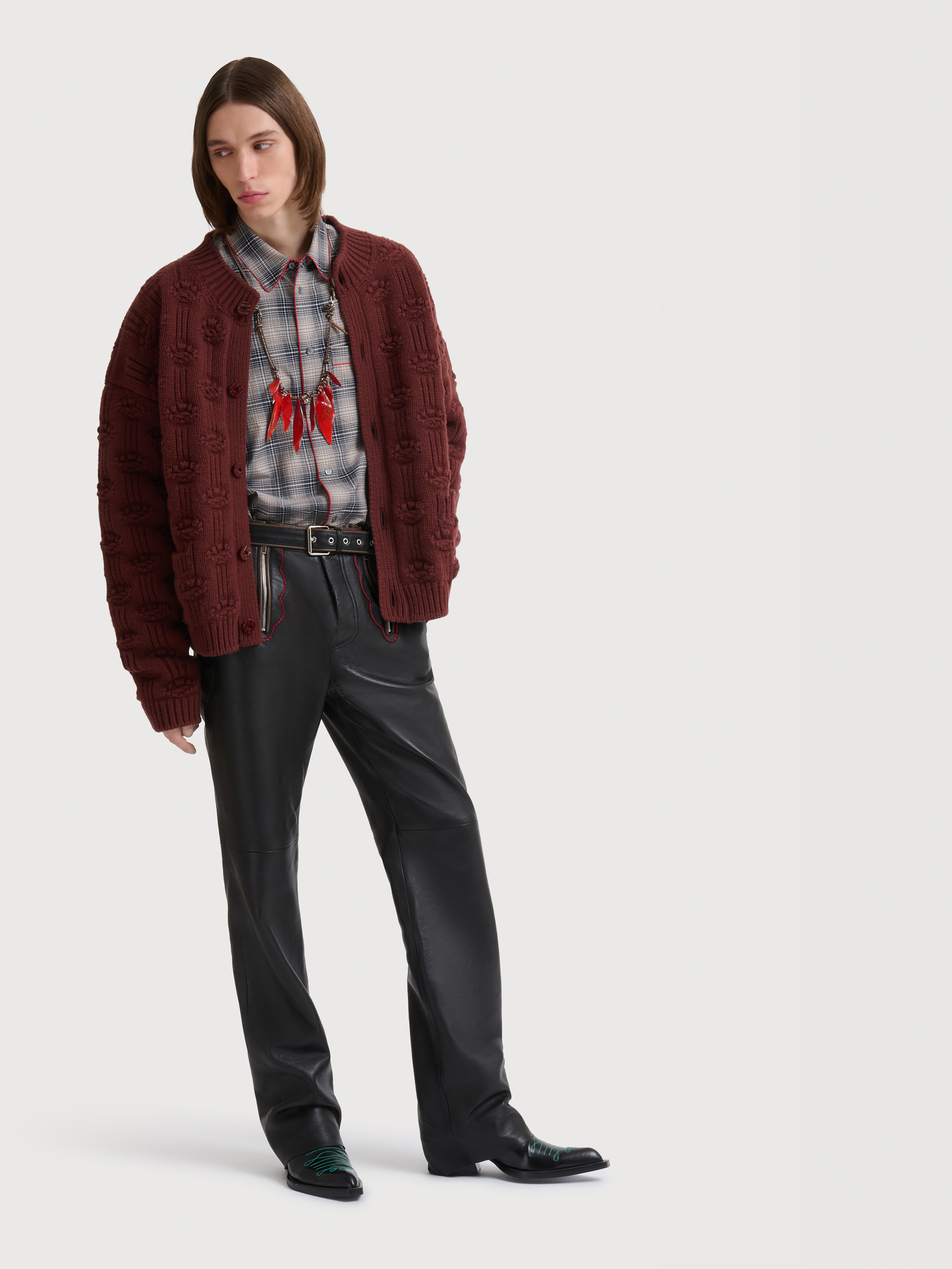 Black leather trousers with leaf embroidery - Pants - Image 3