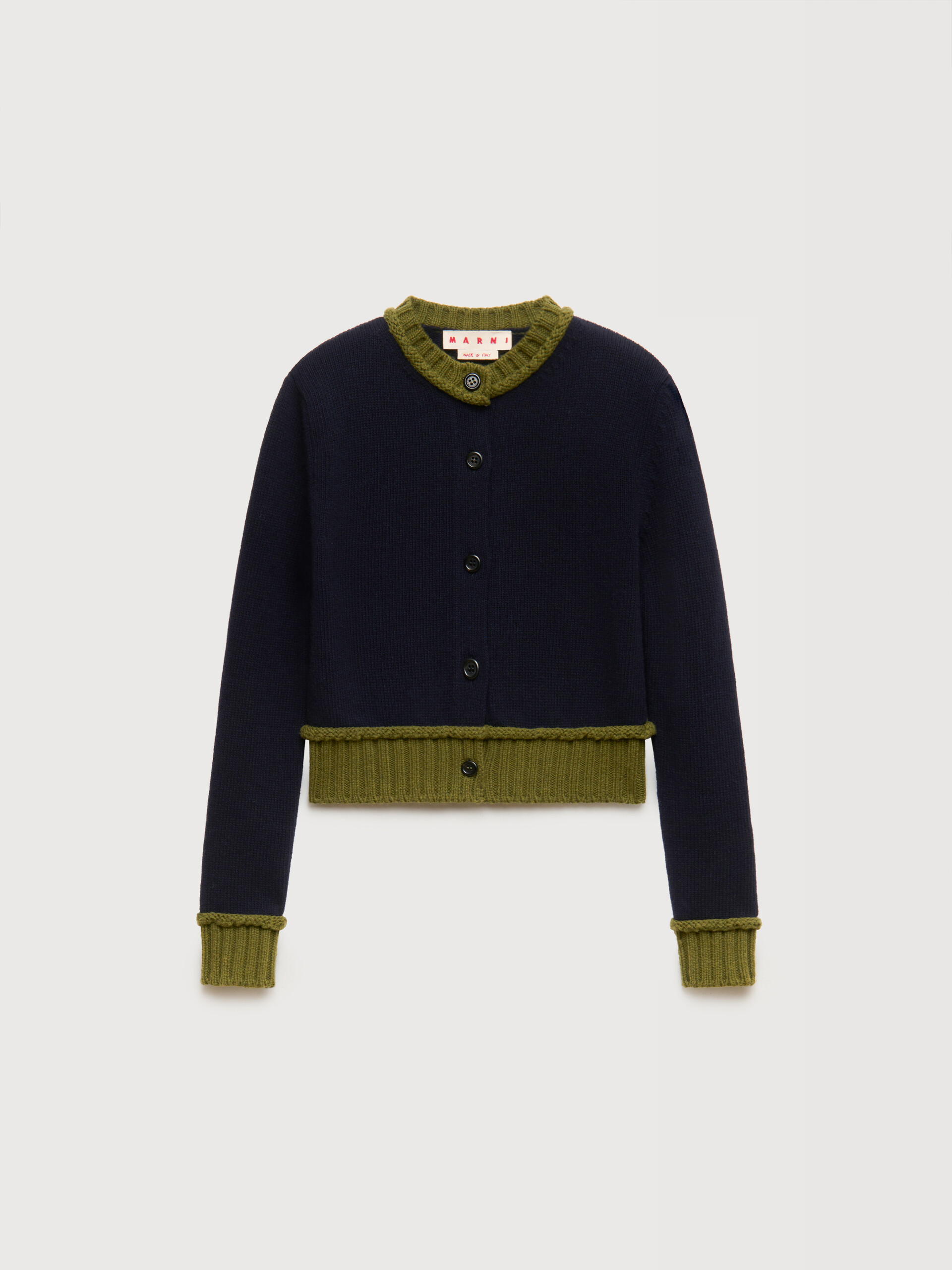 Deep blue wool blend cardigan with contrast trims - Pullovers - Image 1