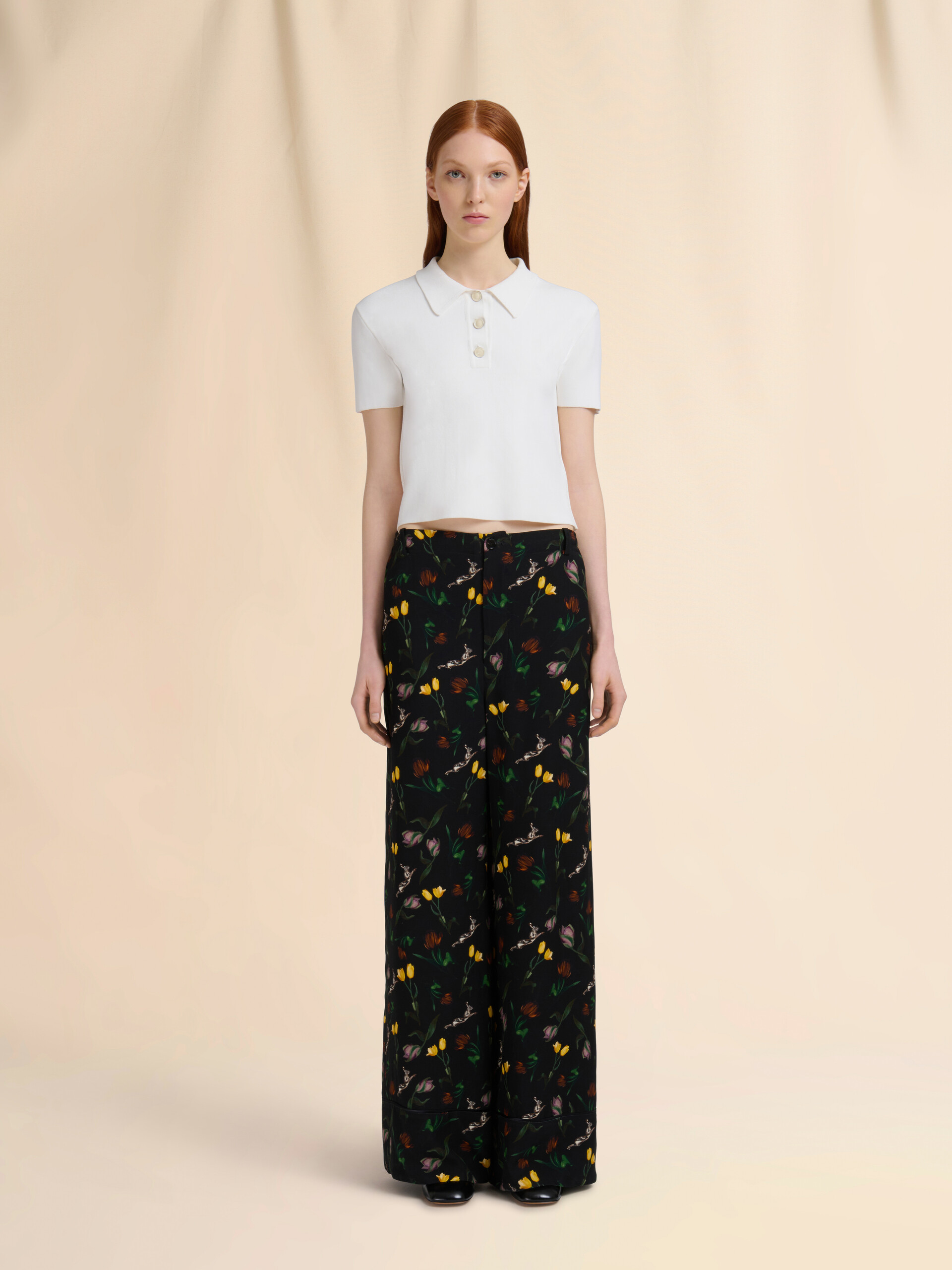 Cream envers satin palazzo trousers with Tulips and Hares print - Pants - Image 2