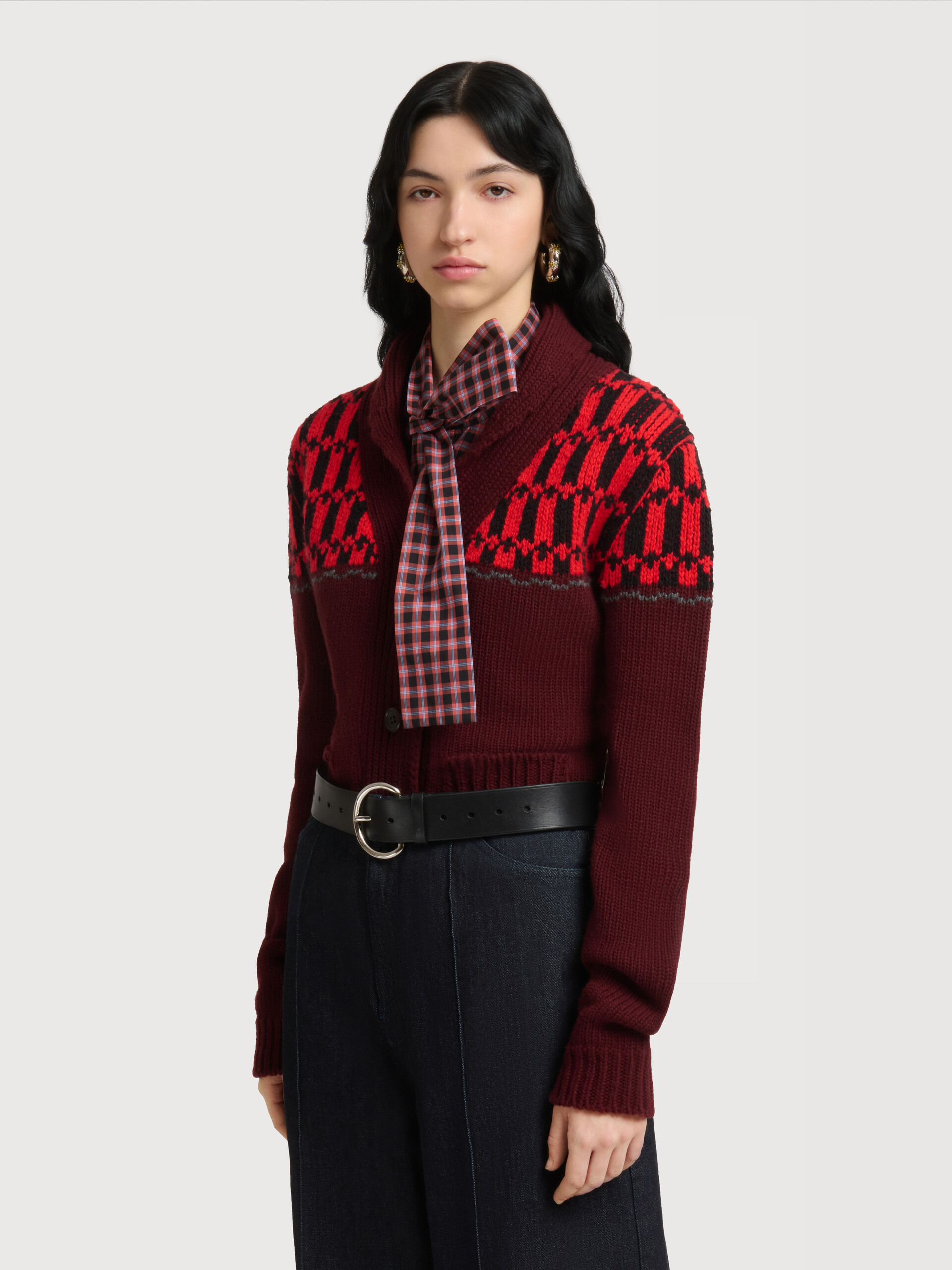 Grey wool cardigan with geometric motif - Pullovers - Image 3