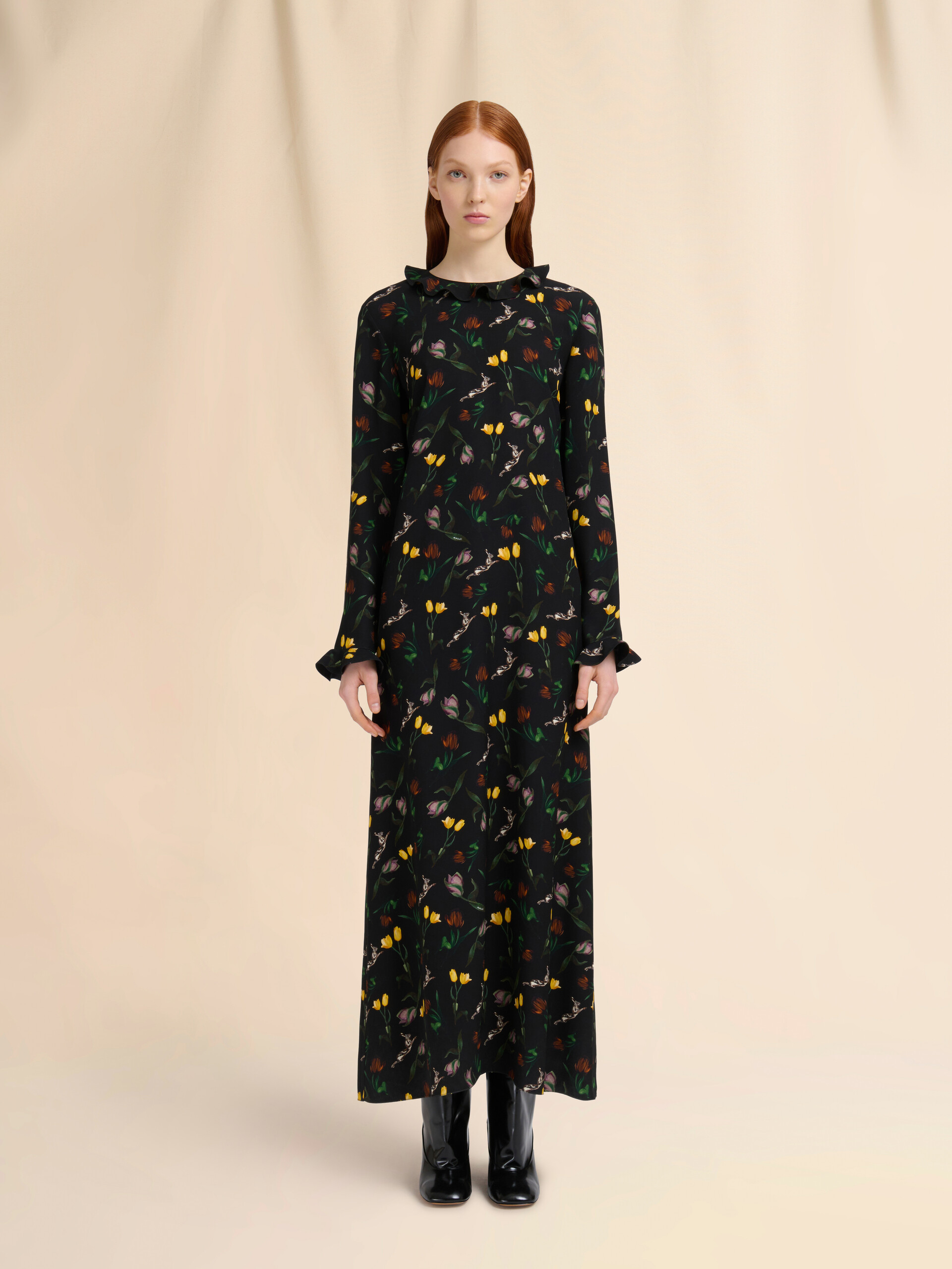 Black envers satin maxi dress with Tulips and Hares print - Dresses - Image 2