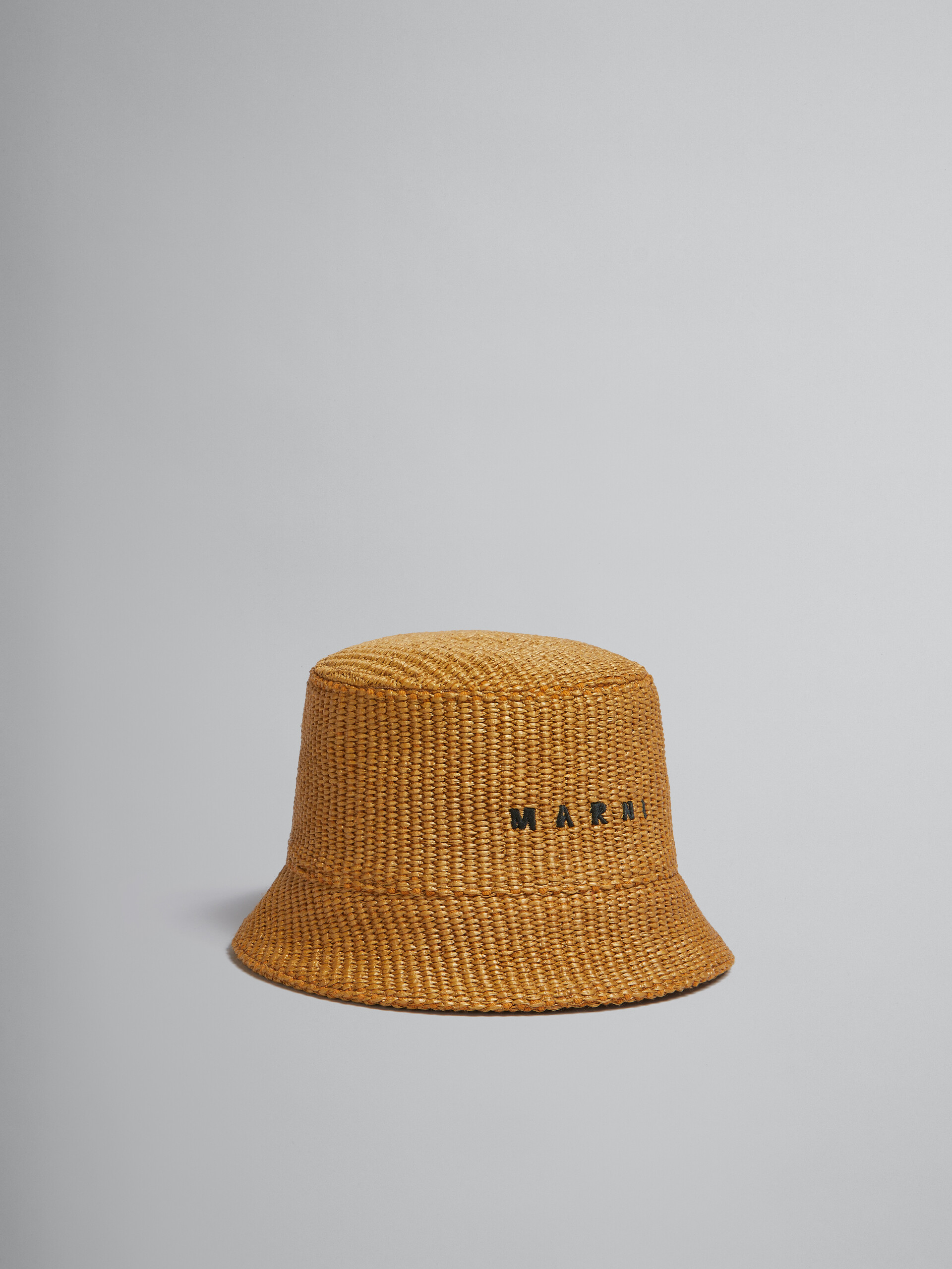Cappello bucket marrone in tessuto effetto rafia con logo ricamato - Cappelli - Image 1