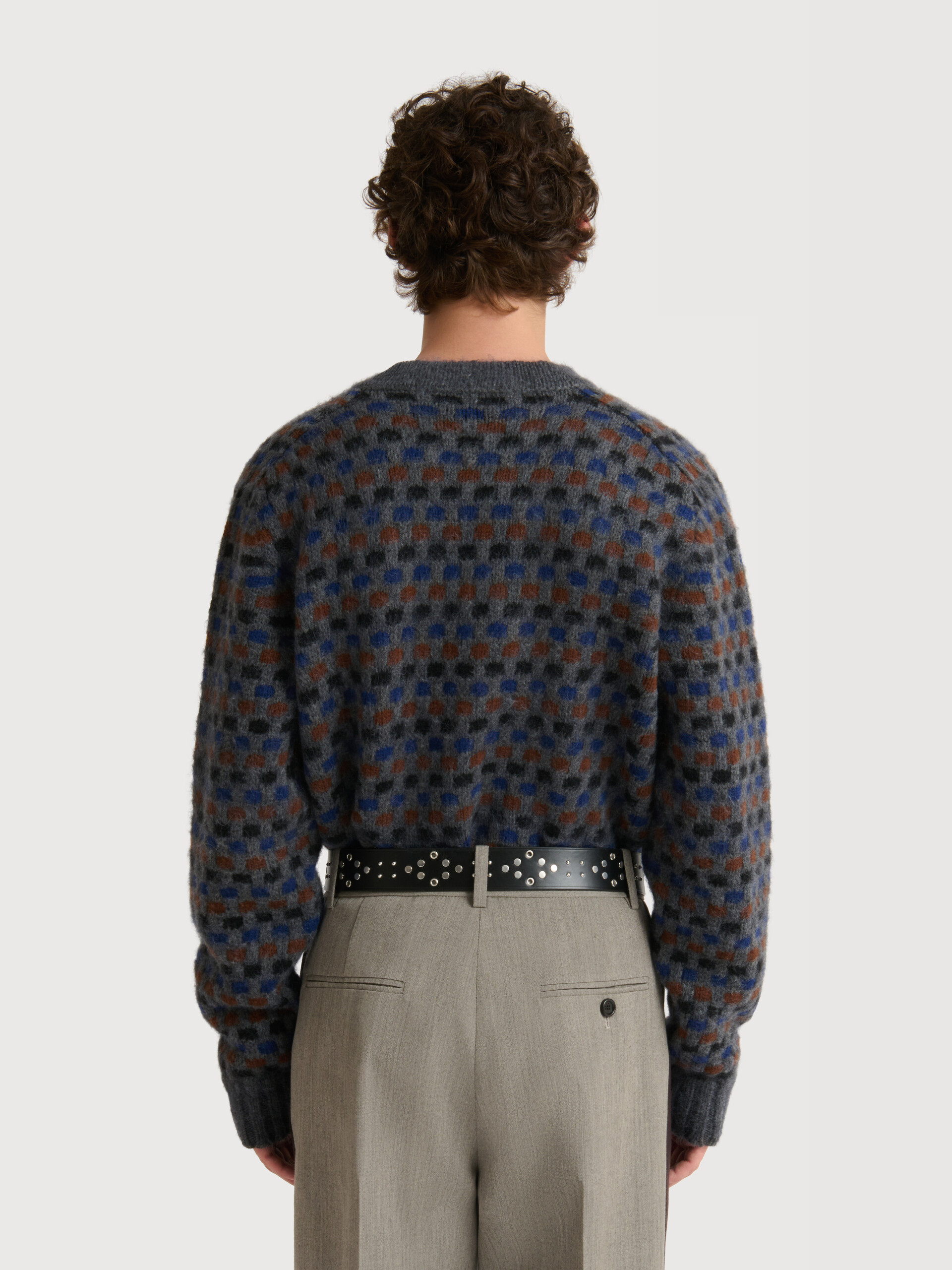 Grey and blue Shetland wool jacquard cardigan - Pullovers - Image 4