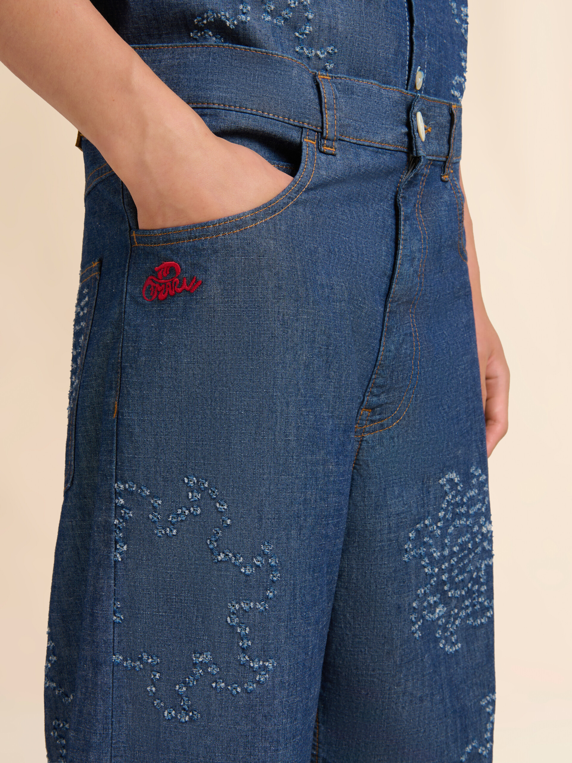 Blue chambray jeans with frayed sun motif - Pants - Image 4
