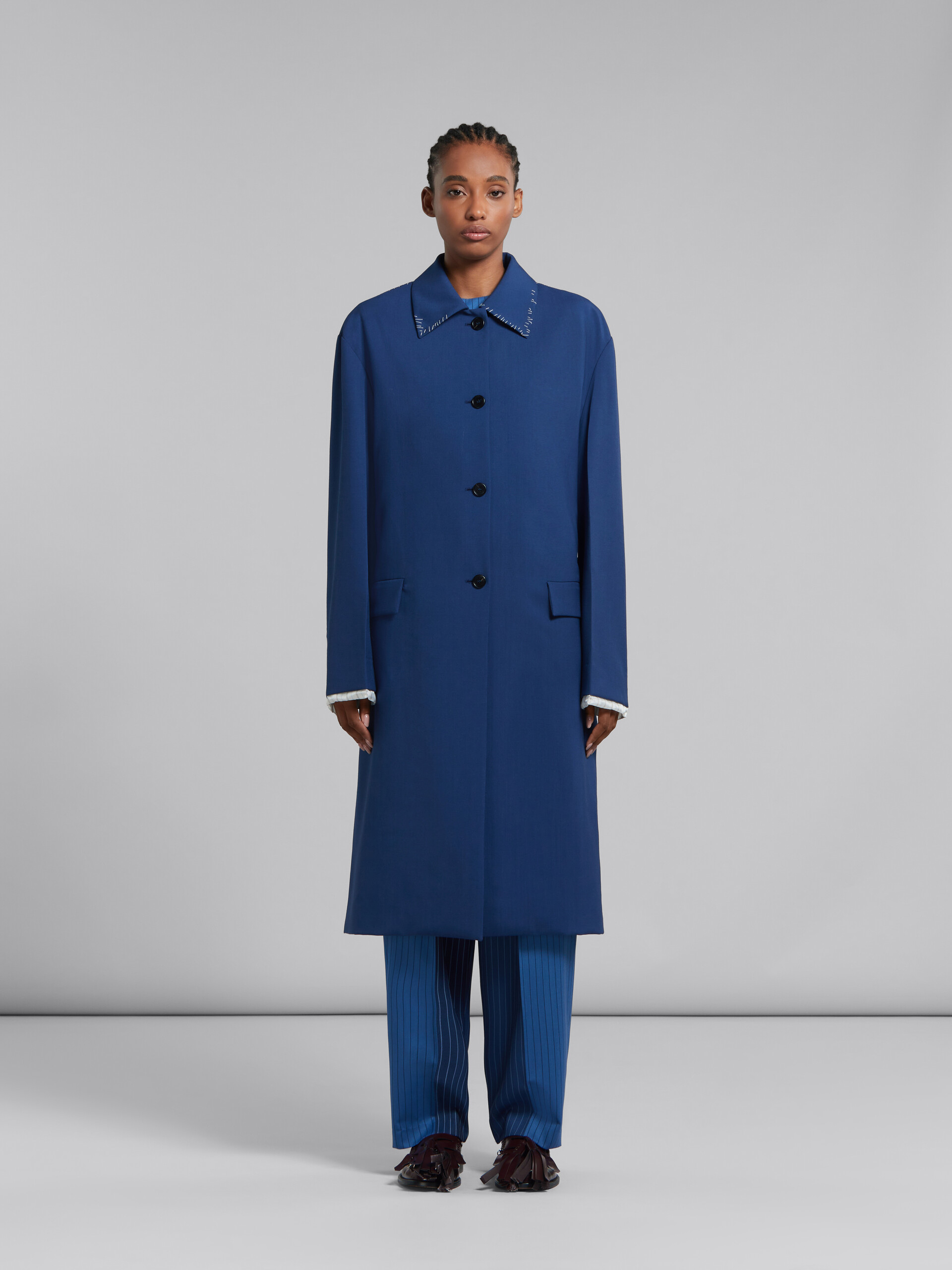 Blue tropical wool trench coat - Coat - Image 2