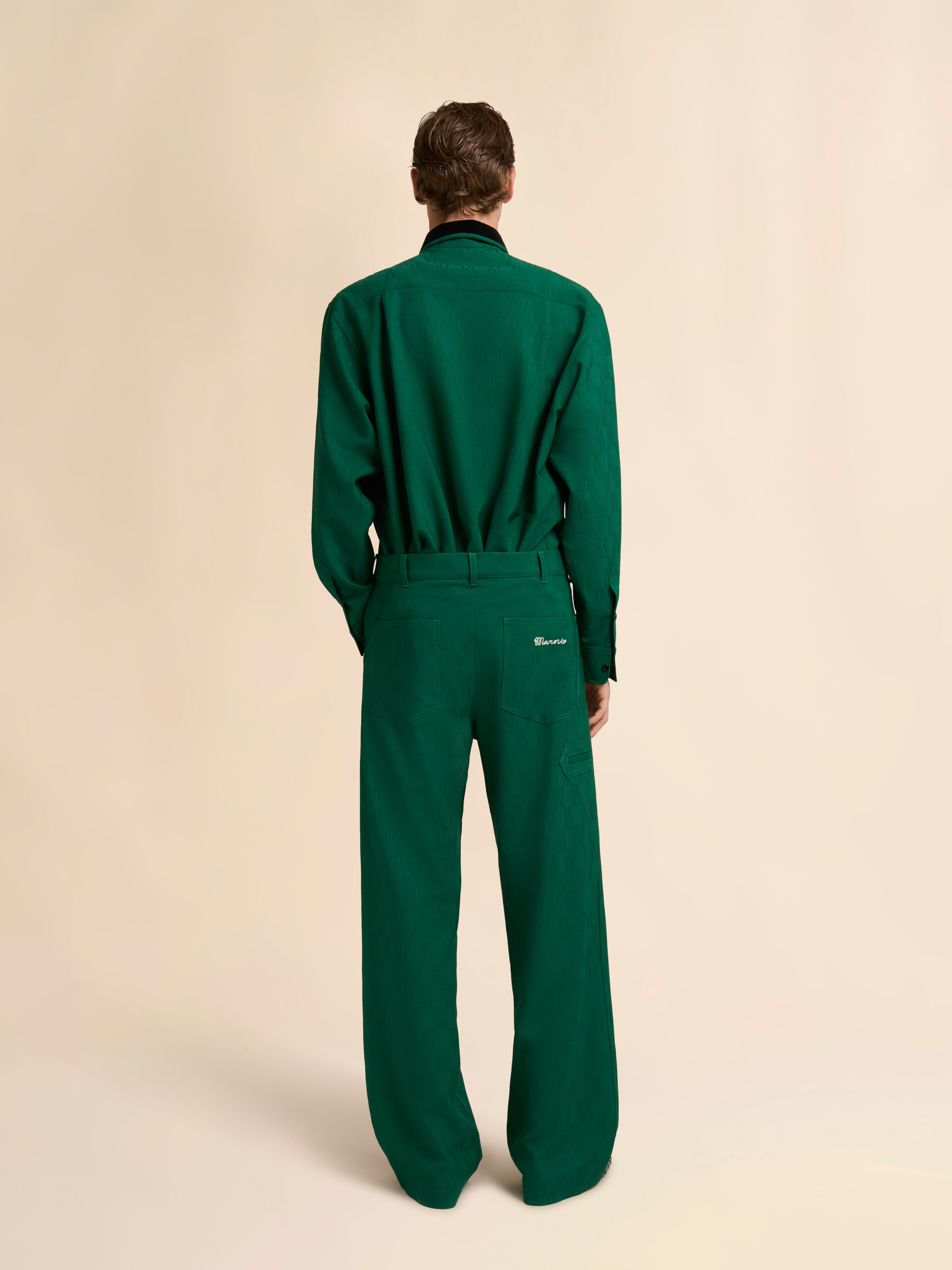 Green jacquard wool trousers with geometric motif - Pants - Image 3