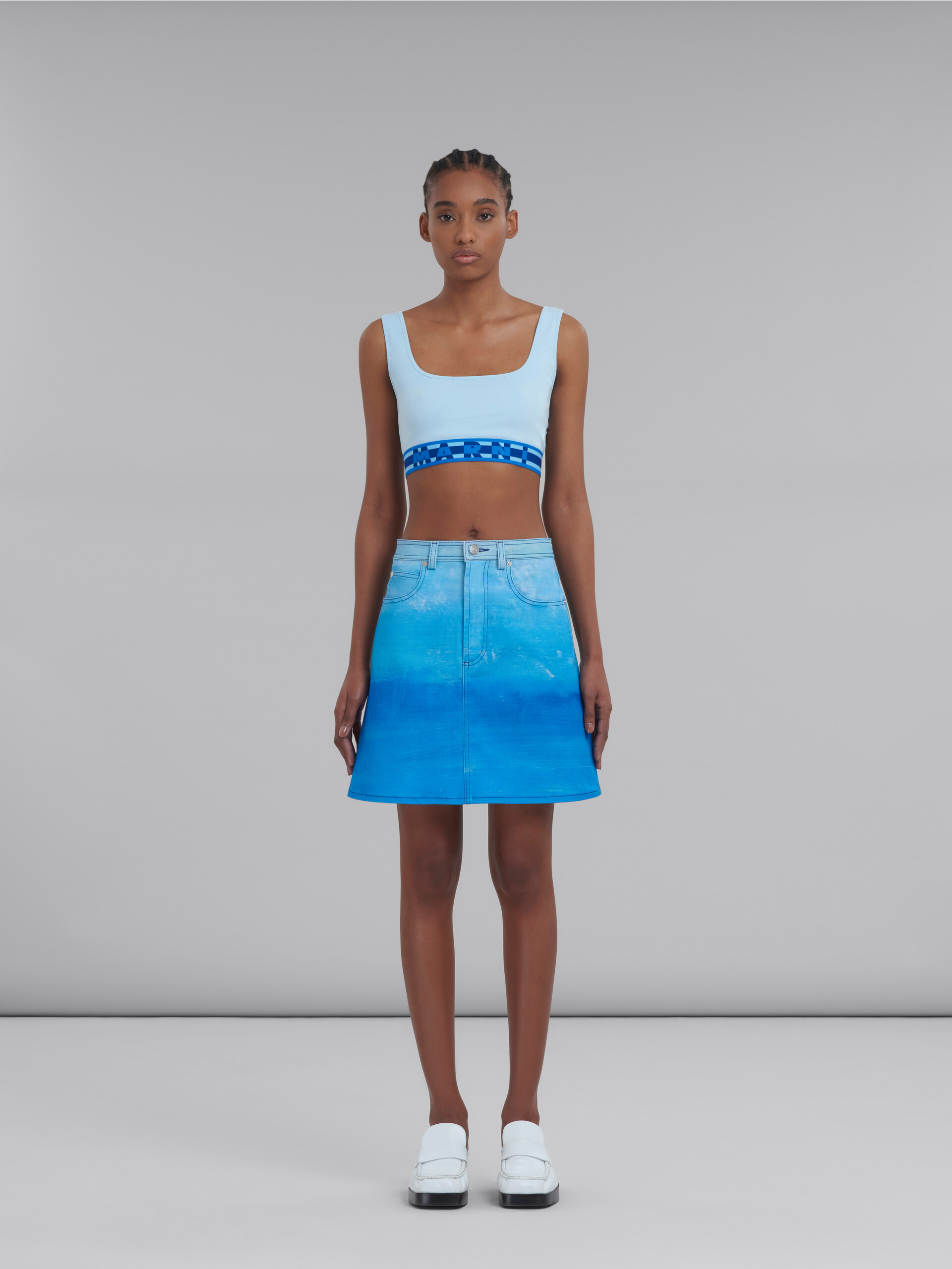 Blue cotton drill A-line skirt with Notte Giorno print - Skirts - Image 2