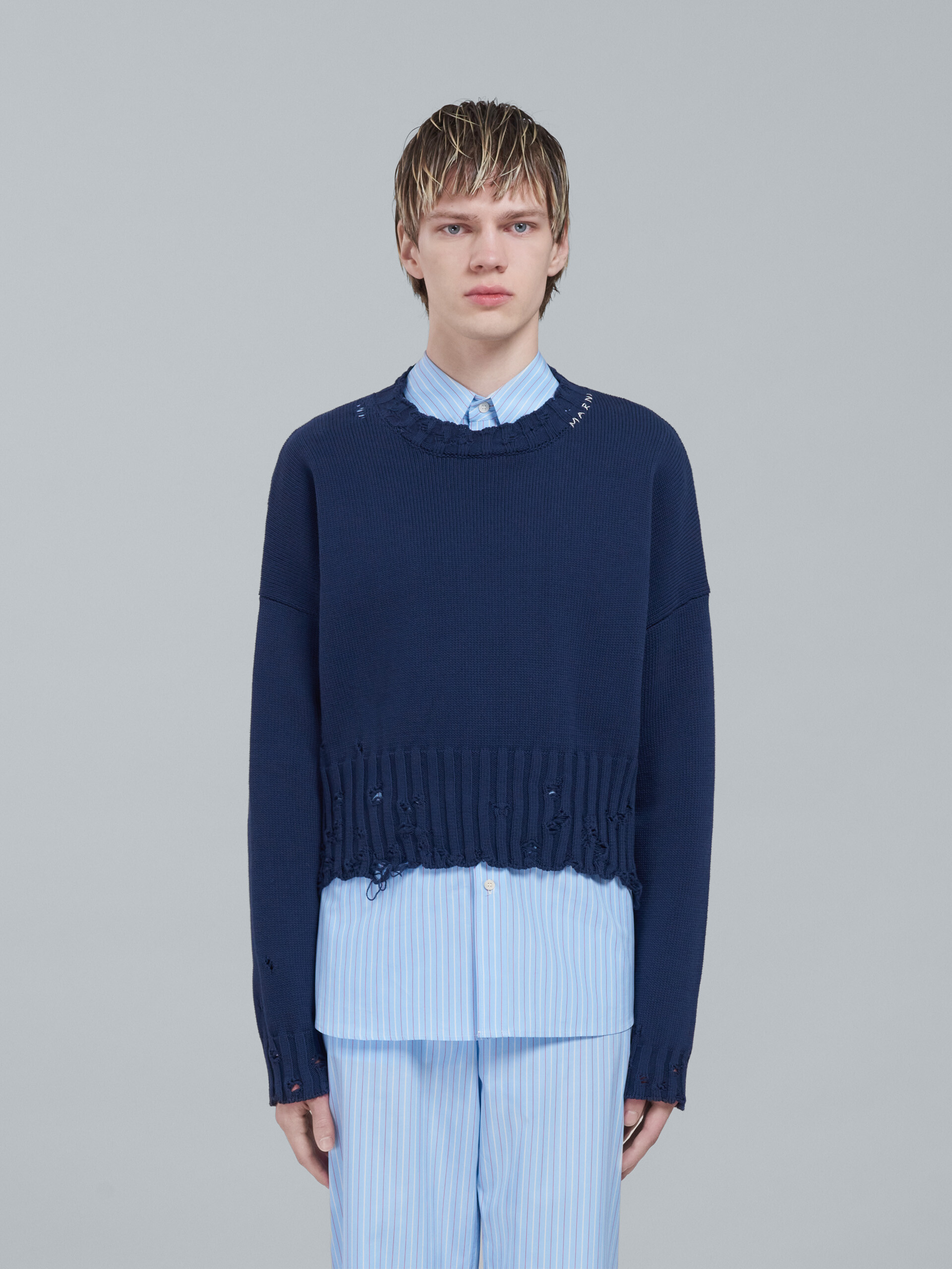 Blue cotton crewneck sweater - Pullovers - Image 2