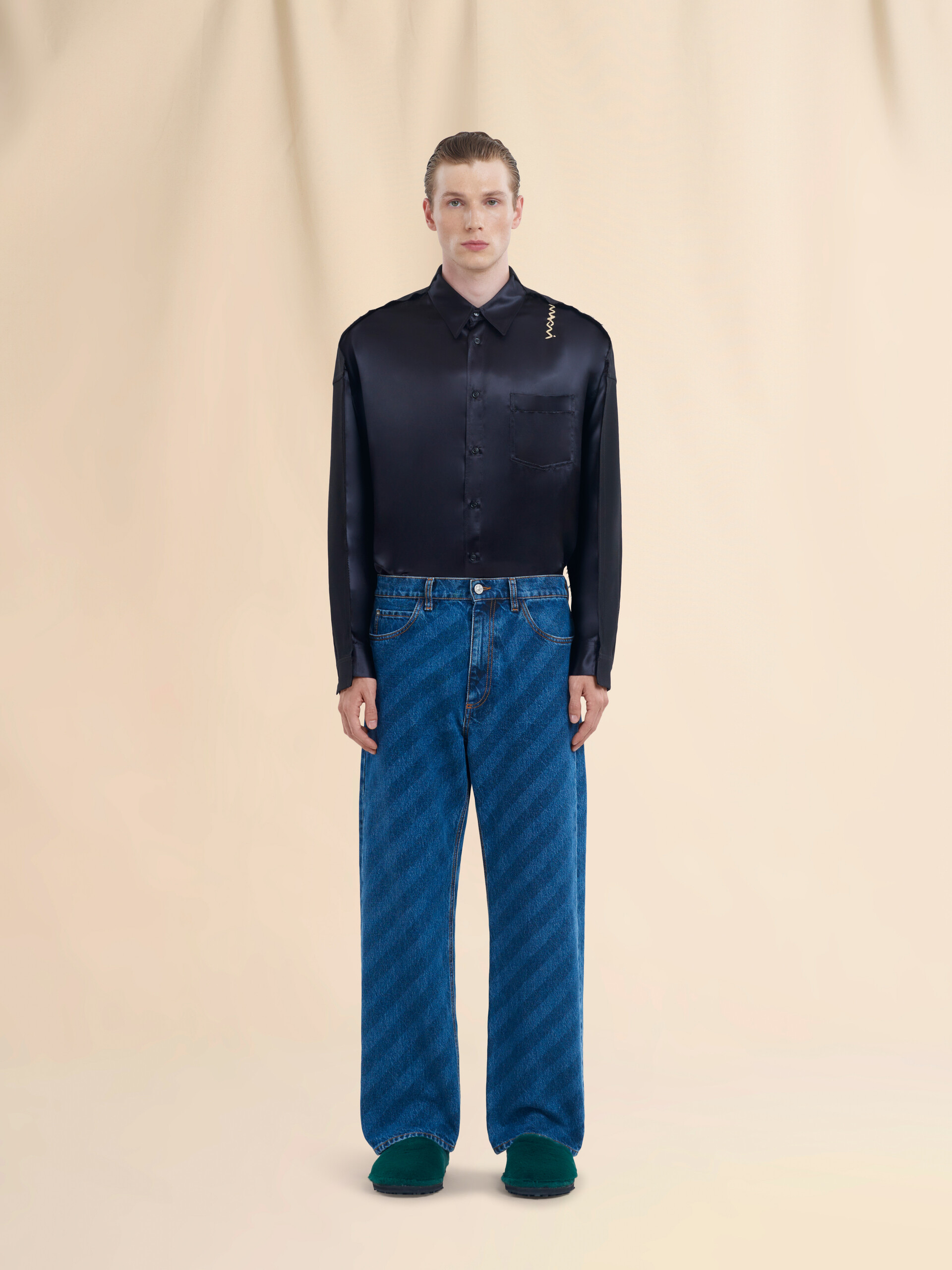 Wide leg blue jeans with diagonal stripe - Pants - Image 2