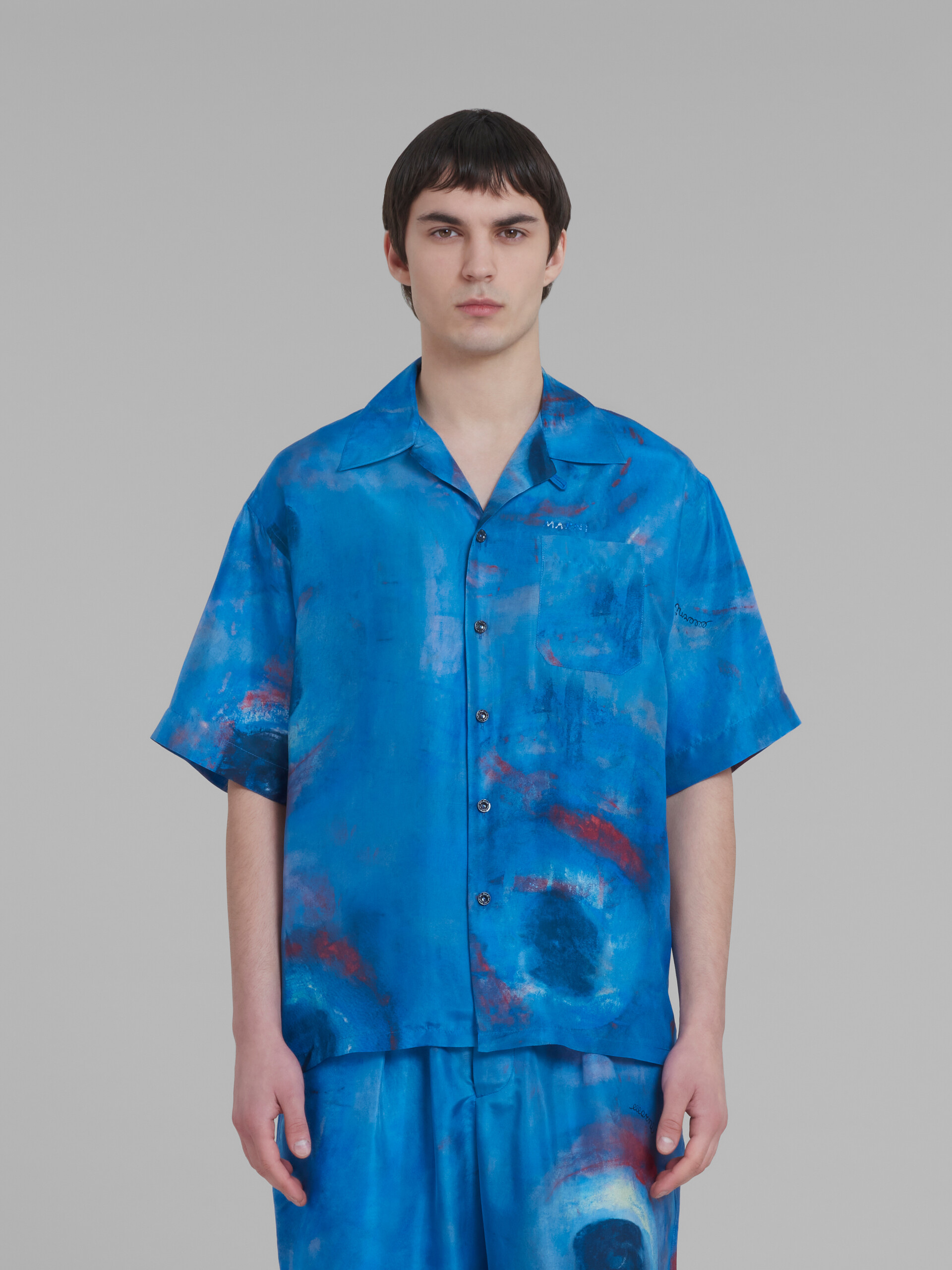 Camicia bowling in habotai di seta con stampa Buchi Blu - Camicie - Image 2
