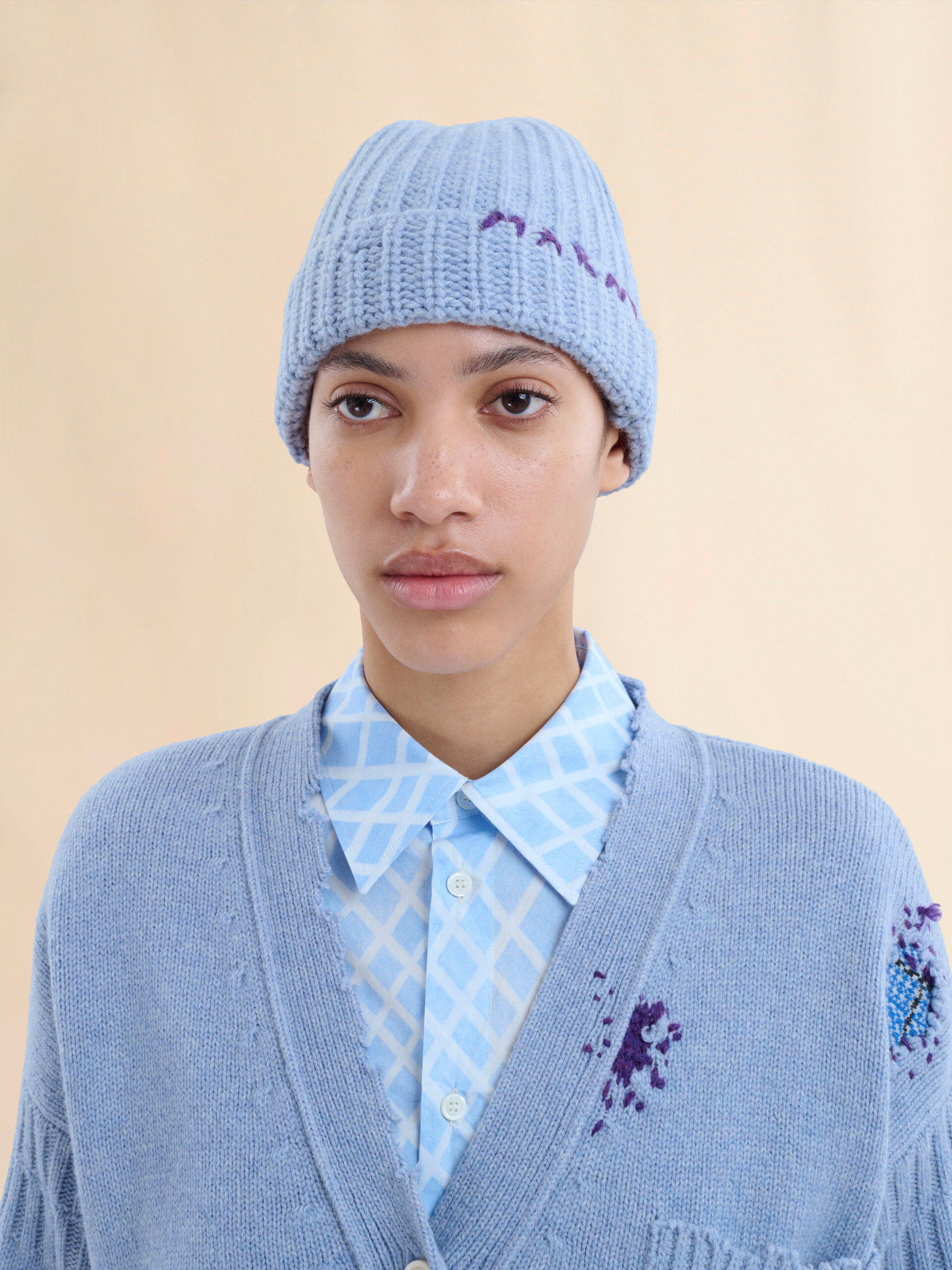 Blue Shetland wool beanie with Marni Mending - Hats - Image 2
