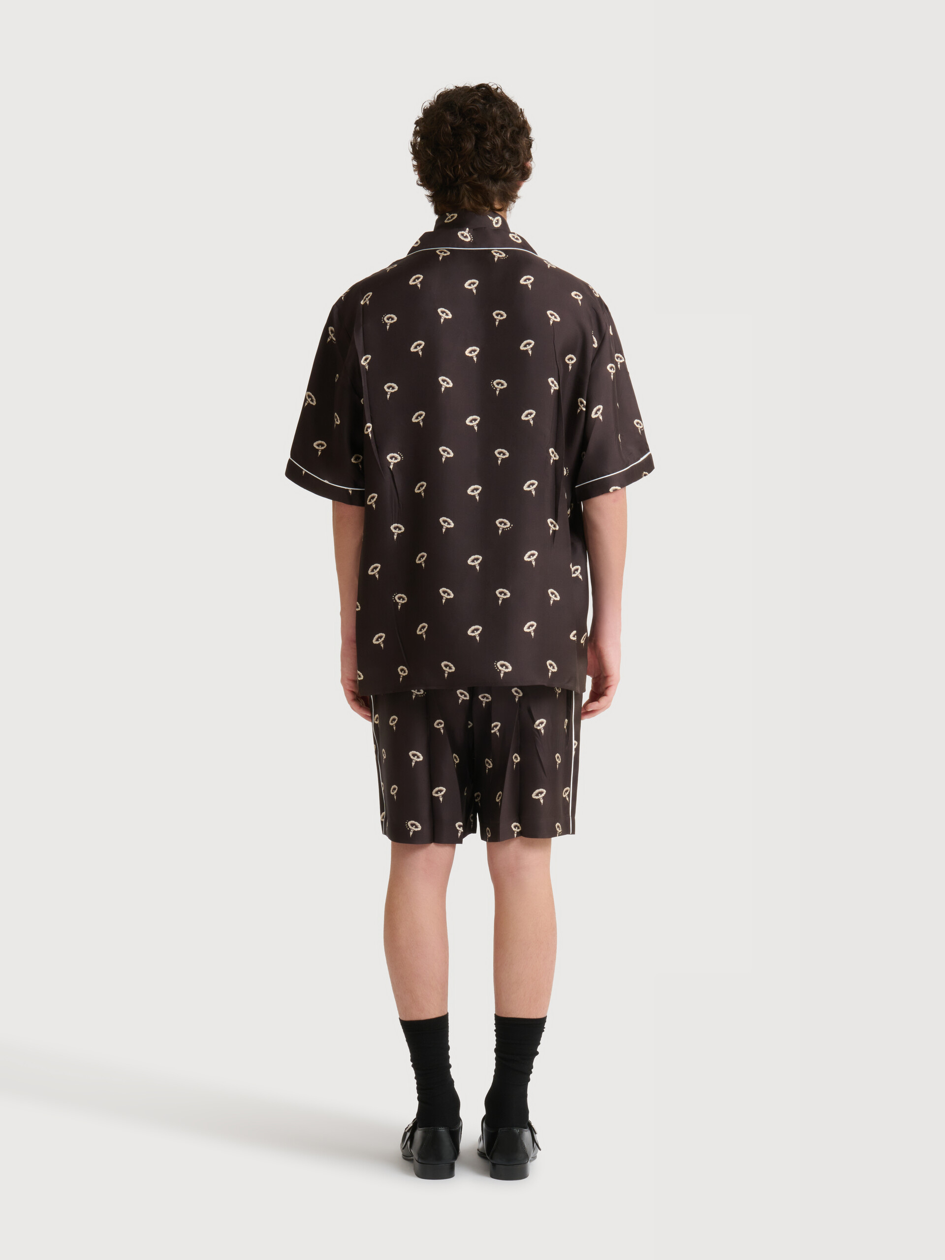 Brown silk twill pyjama shorts with floral print - Pants - Image 4