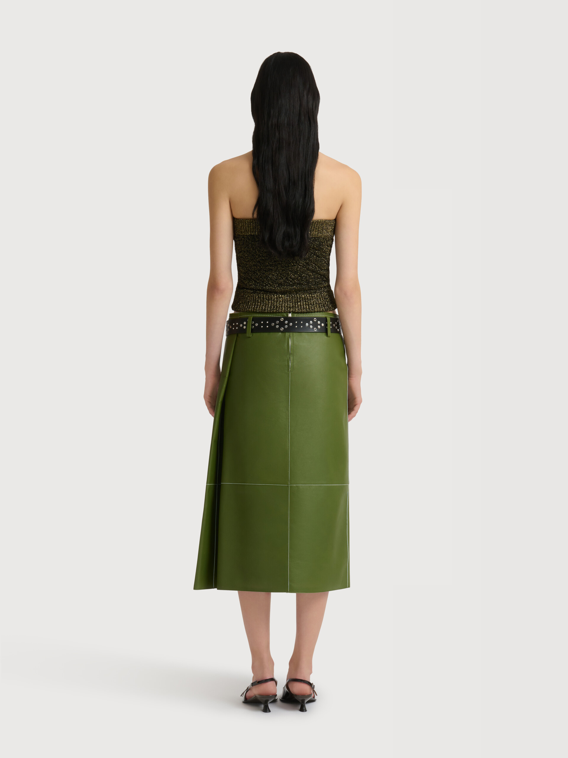 Green bonded nappa leather midi skirt with pocket - Skirts - Image 4