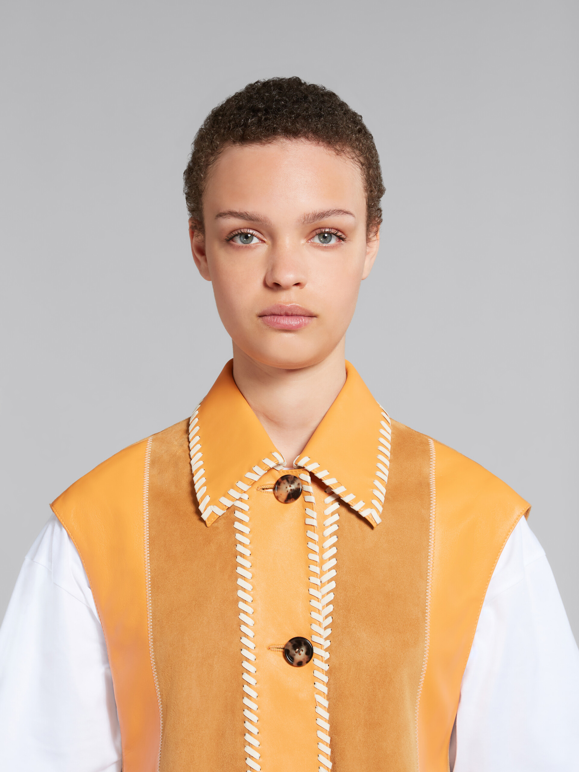Orange suede and nappa patchwork dress - Waistcoat - Image 4