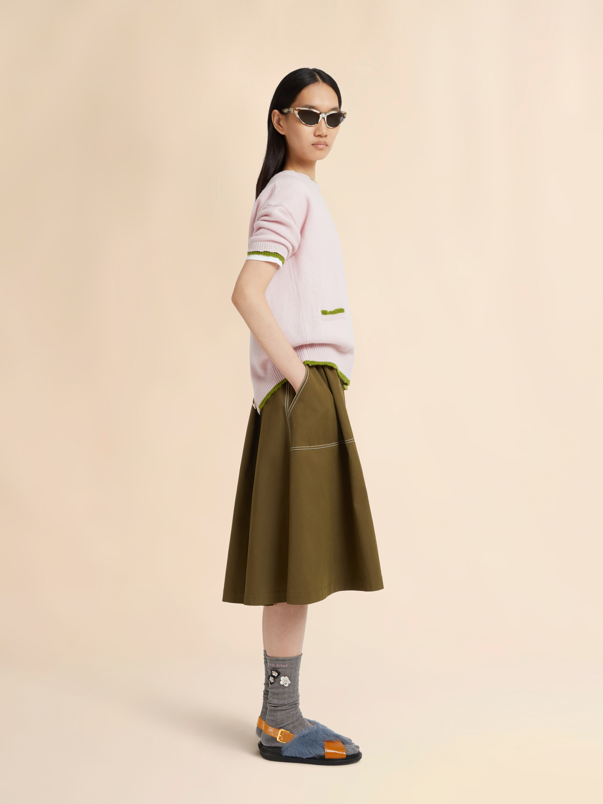 Green gabardine midi skirt with paperbag waist - Skirts - Image 5
