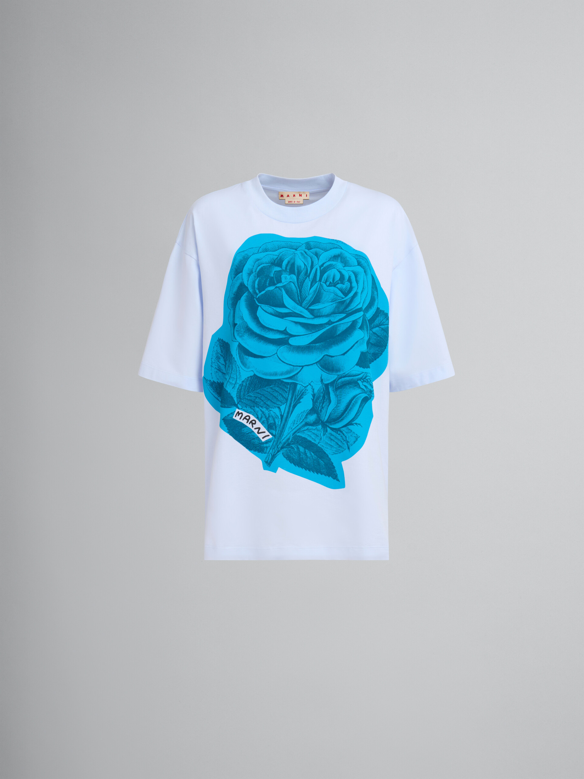 T-shirt en coton bleu avec très grand imprimé fleuri - T-shirts - Image 1