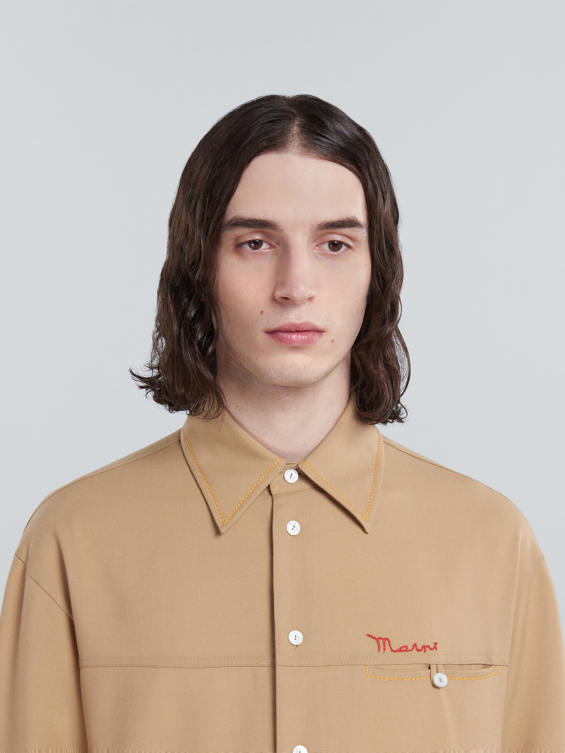 Beige tropical wool shirt with embroidered logo - Shirts - Image 4