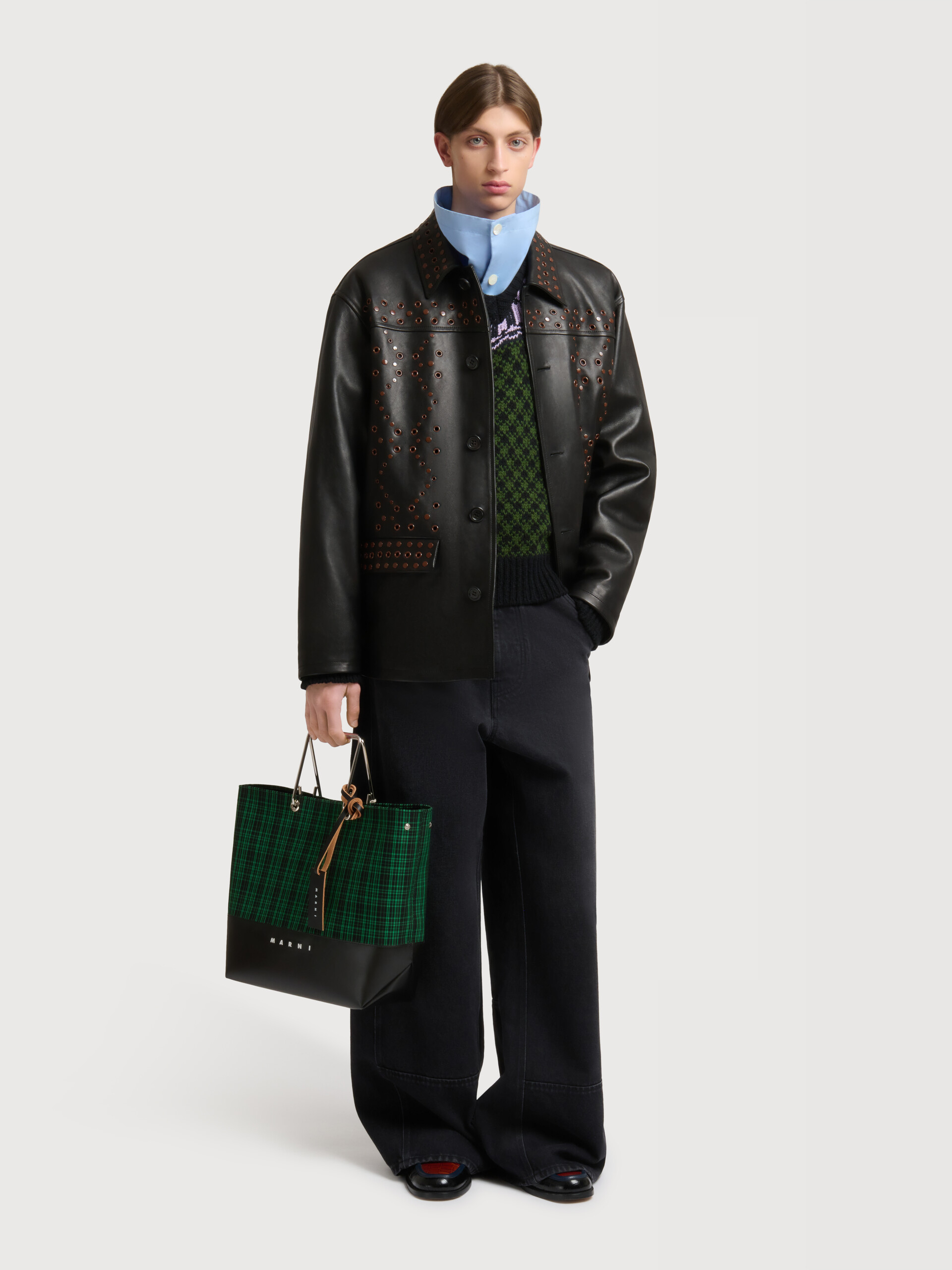 Green checked twill shopper with metal handles - Shopping Bags - Image 2