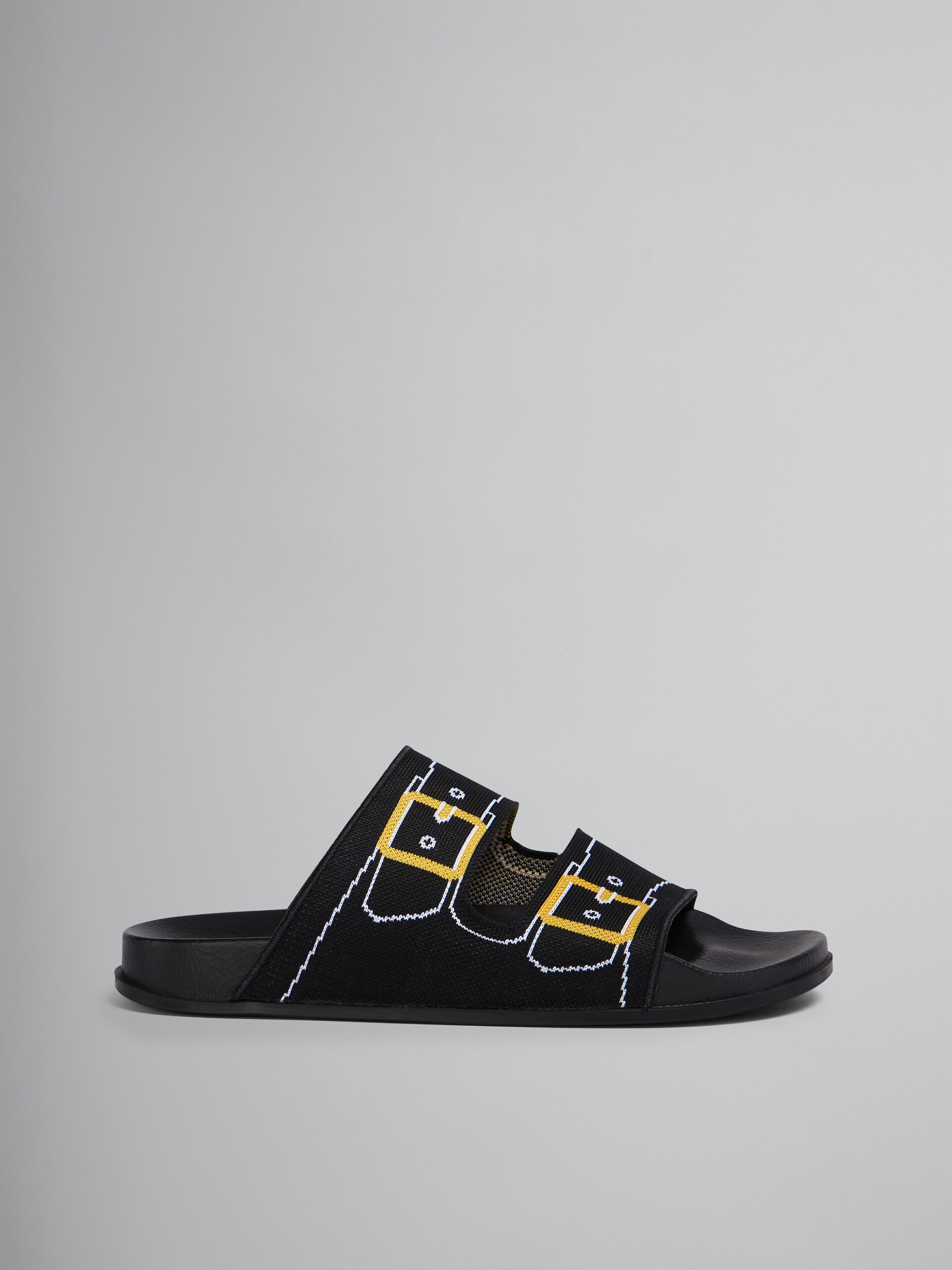 black two strap slide sandals