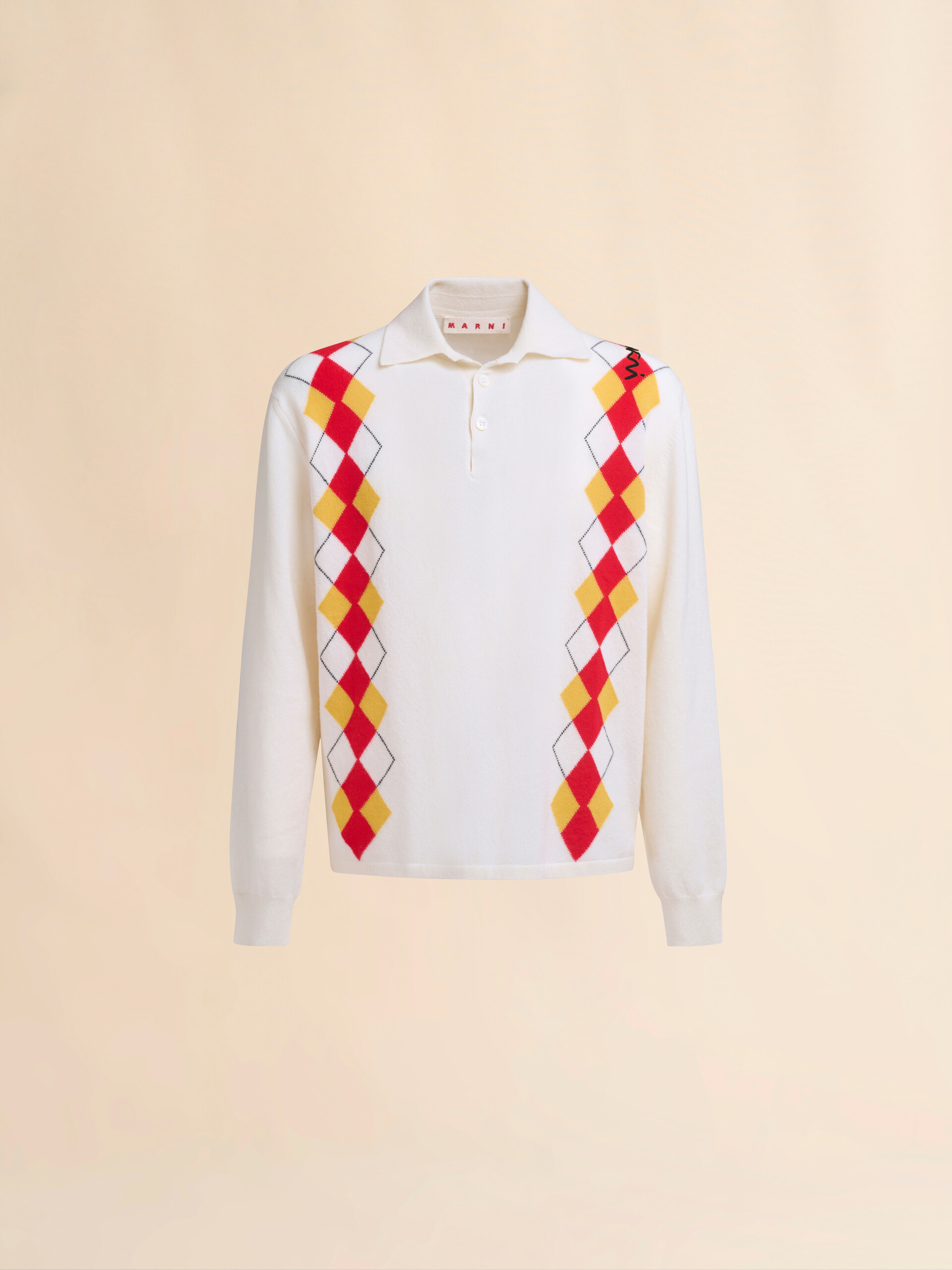 Long sleeved ivory polo shirt with intarsia Argyle detail - Shirts - Image 1