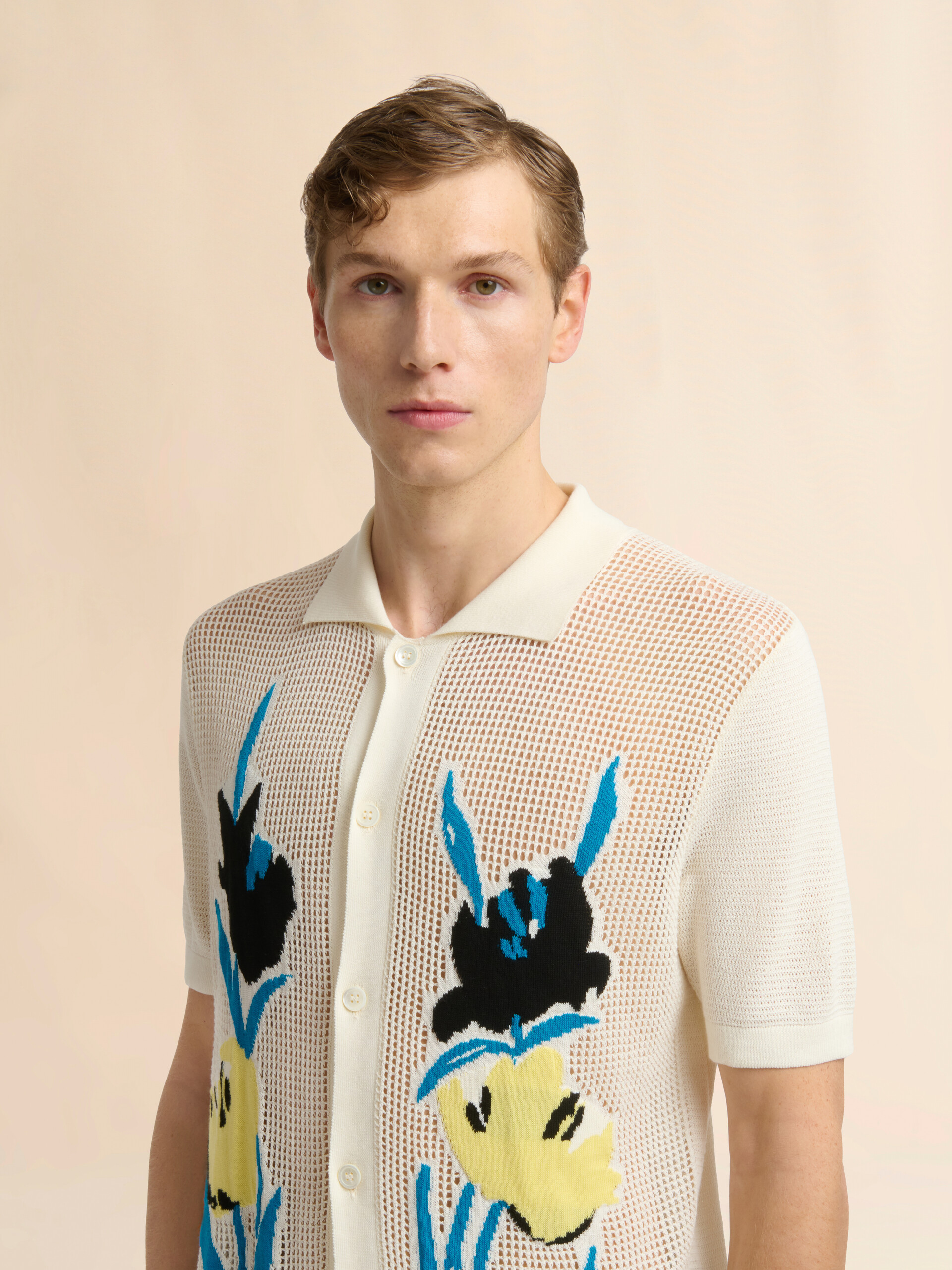 クリーム コットン製メッシュカーディガン、フローラルインターシャ - プルオーバー - Image 4