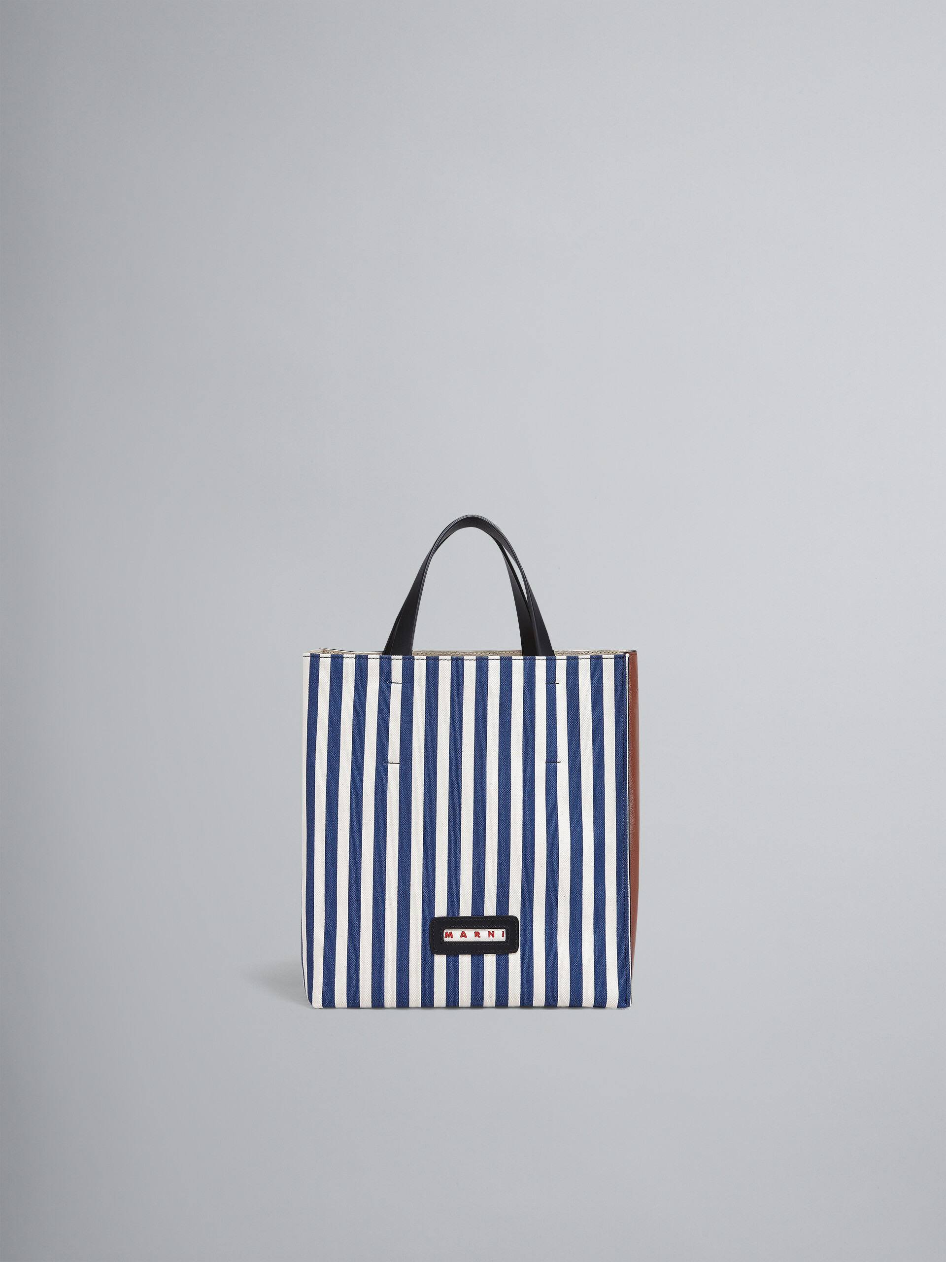 Blue striped canvas and brown calf MUSEO SOFT bag - Shopping Bags - Image 1