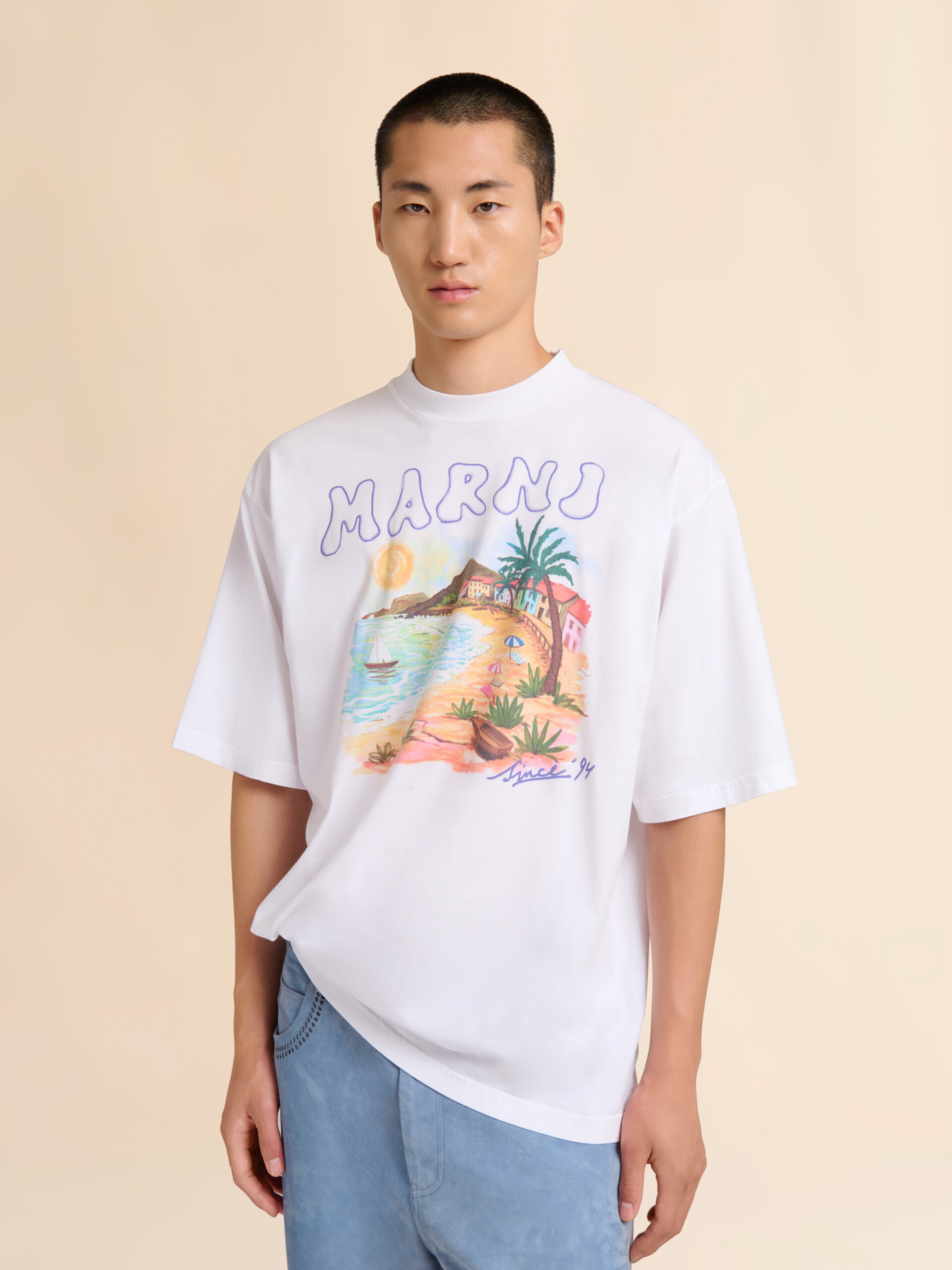 White cotton T-shirt with Marni Beach postcard print - Shirts - Image 4