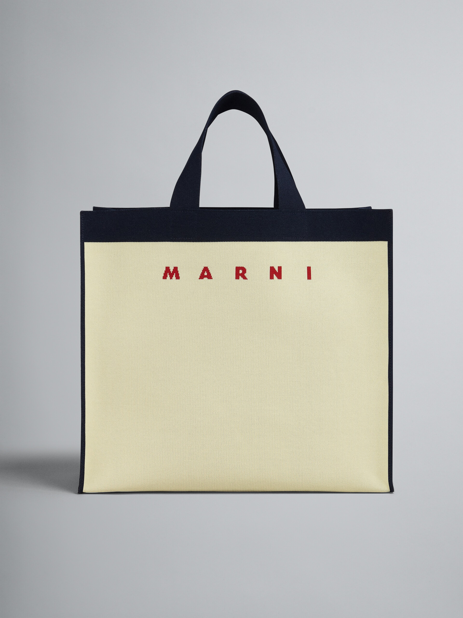 Large shopping bag in beige and blueblack jacquard - Shopping Bags - Image 1