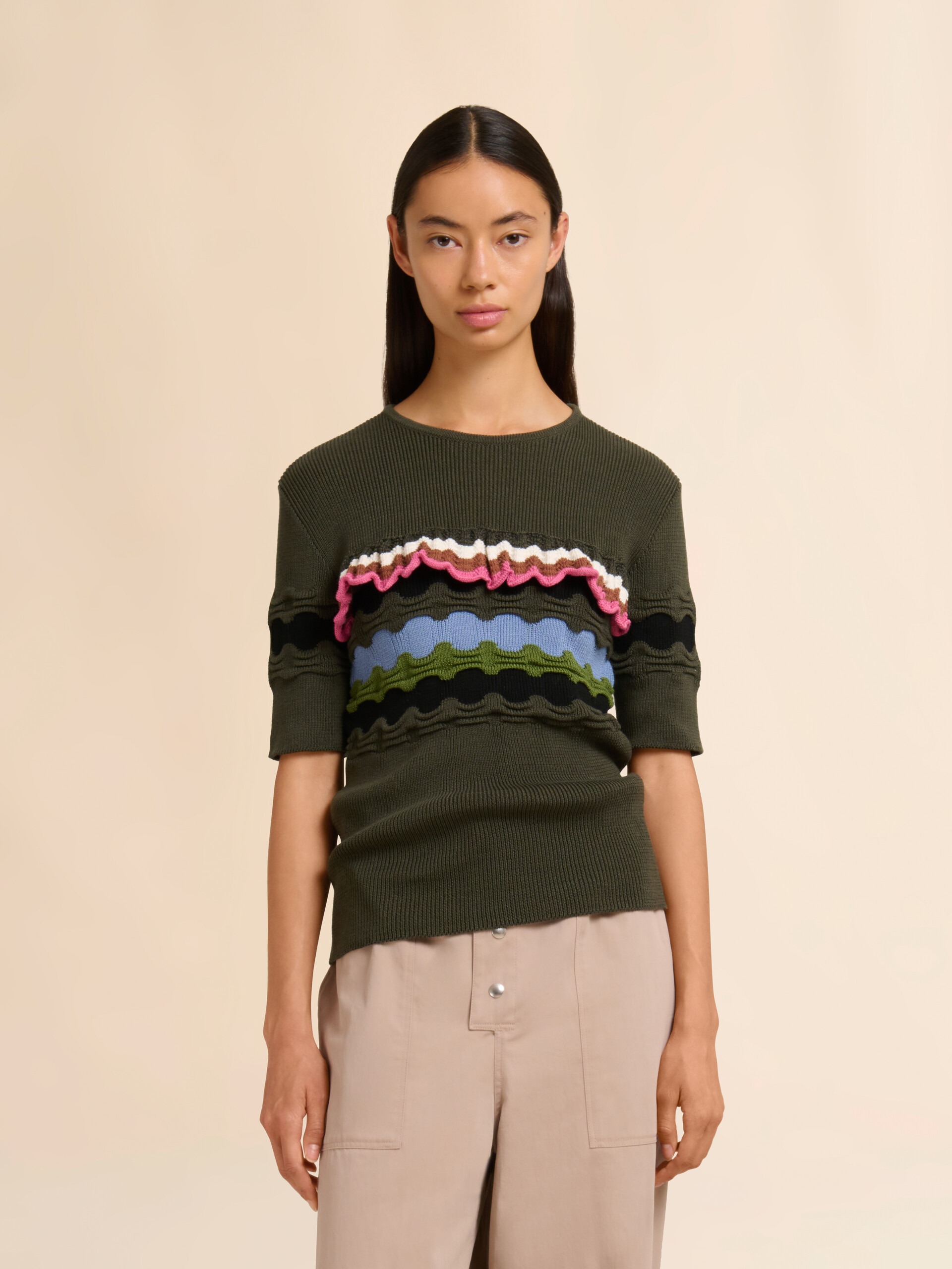 3Dウェーブディテール グリーン コットンジャンパー - プルオーバー - Image 2