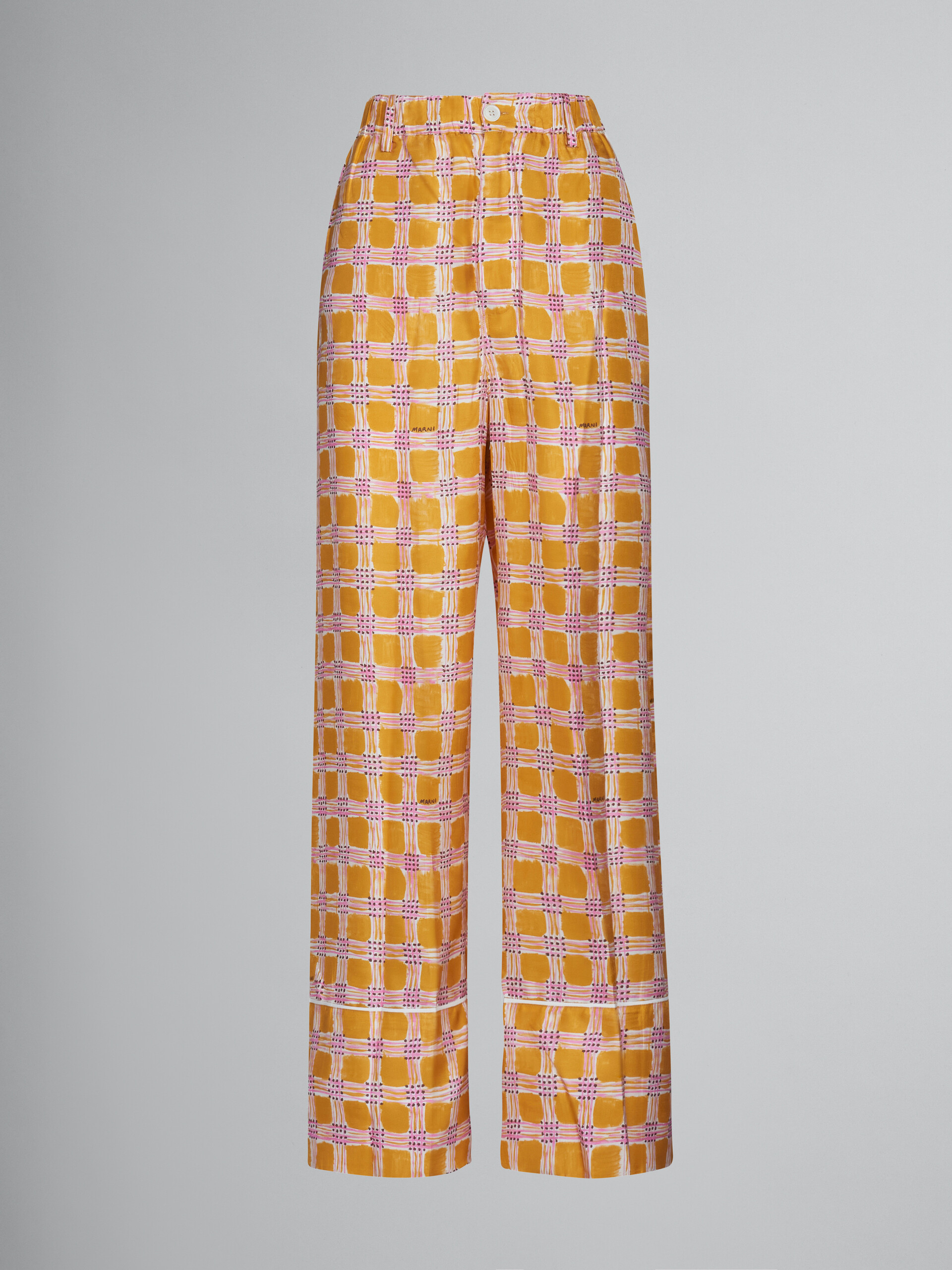 Pantalones de pijama amarillos de sarga de seda con estampado Check Fields - Pantalones - Image 1