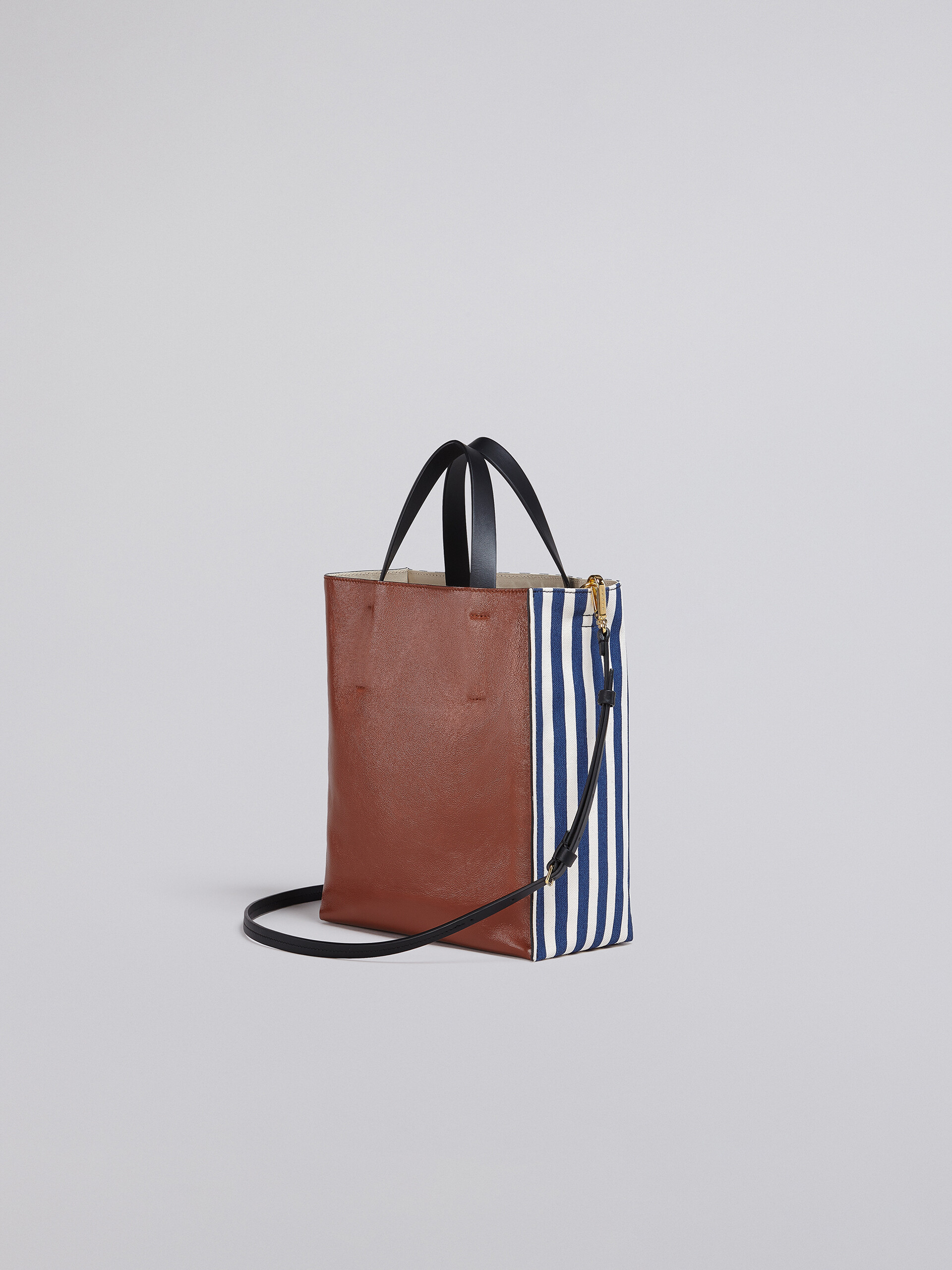 Blue striped canvas and brown calf MUSEO SOFT bag - Shopping Bags - Image 3