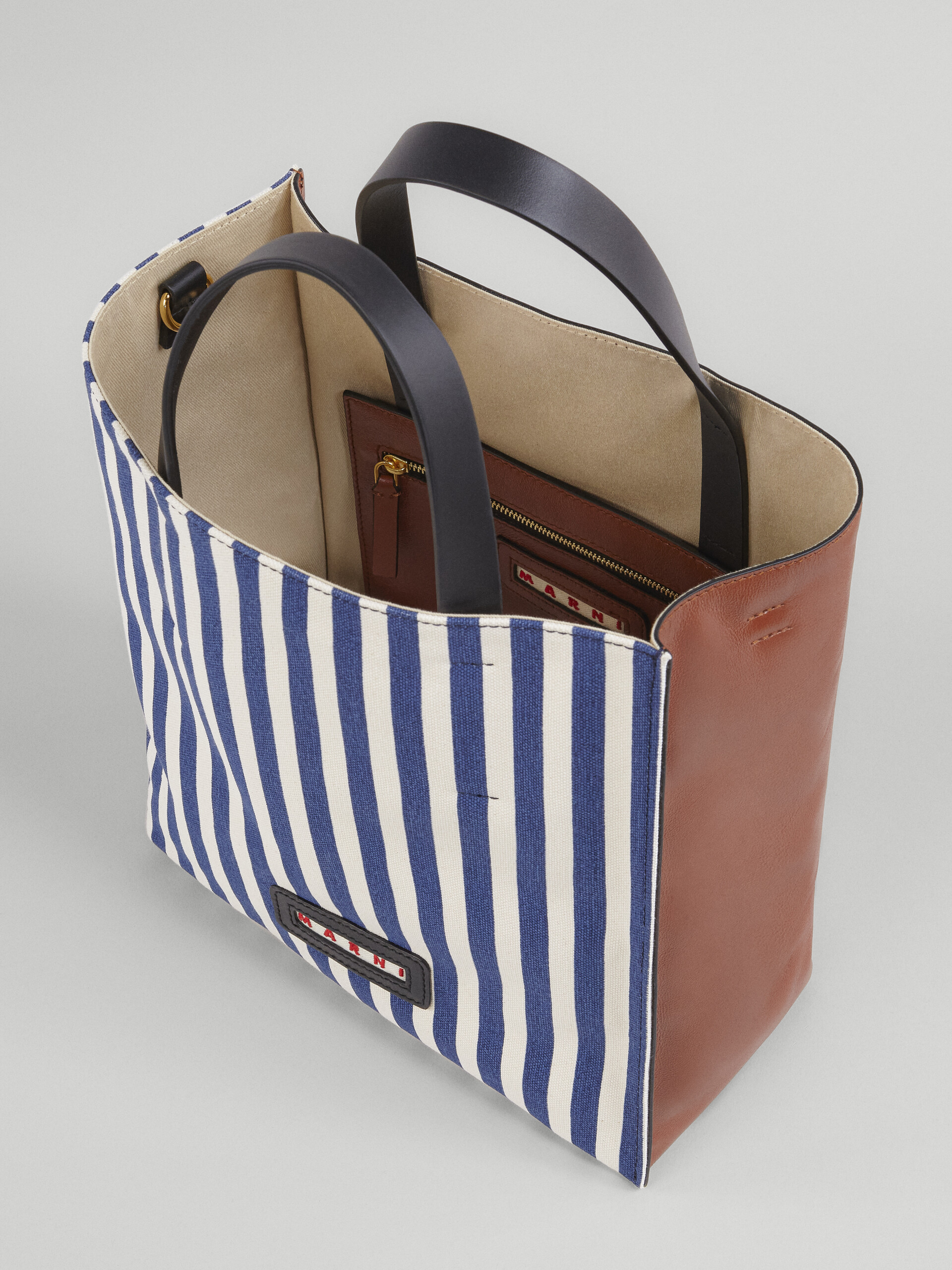 Blue striped canvas and brown calf MUSEO SOFT bag - Shopping Bags - Image 5